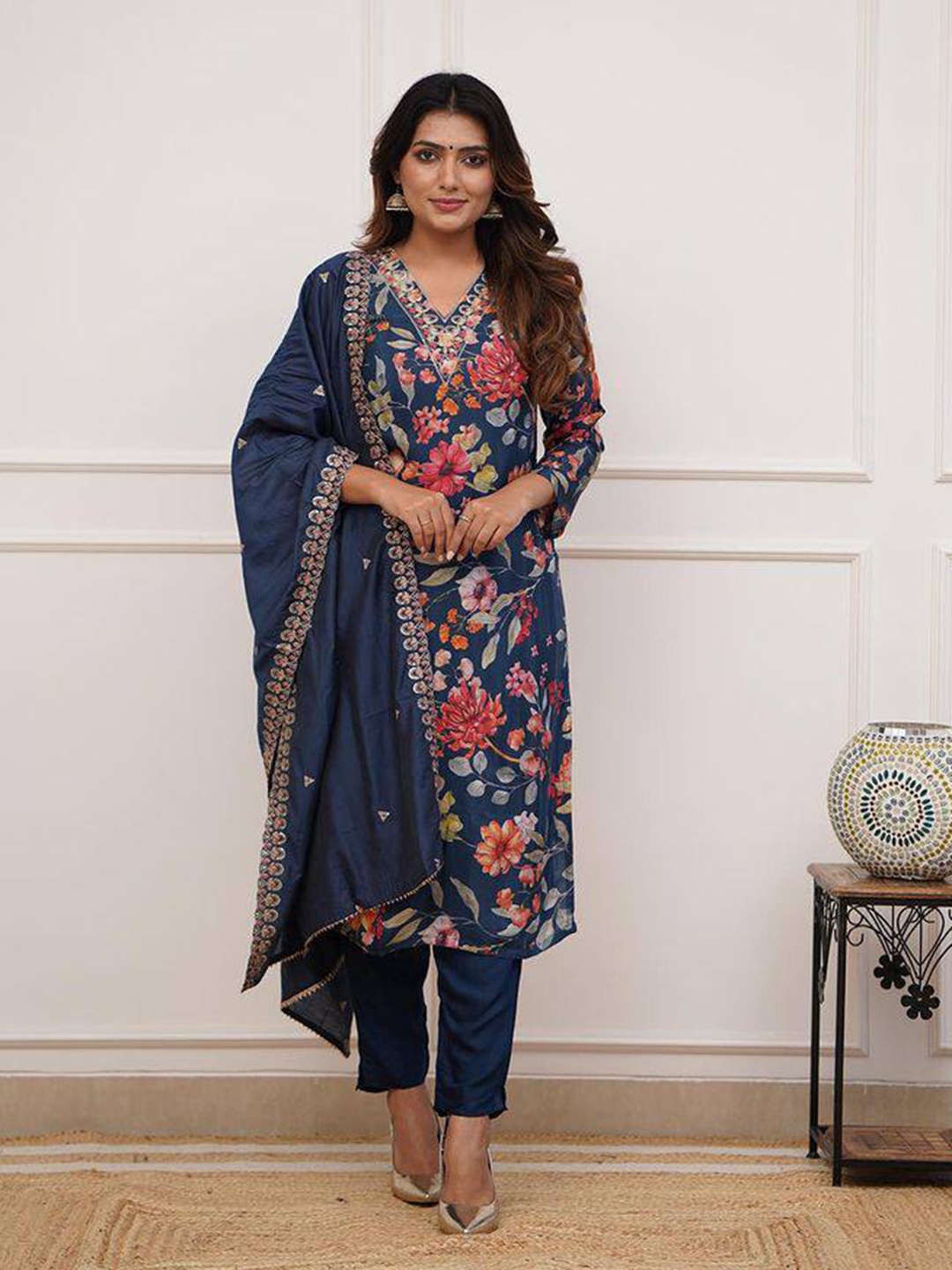 

KALINI Floral Embroidered Pure Silk Straight Kurta With Trouser & Dupatta, Blue