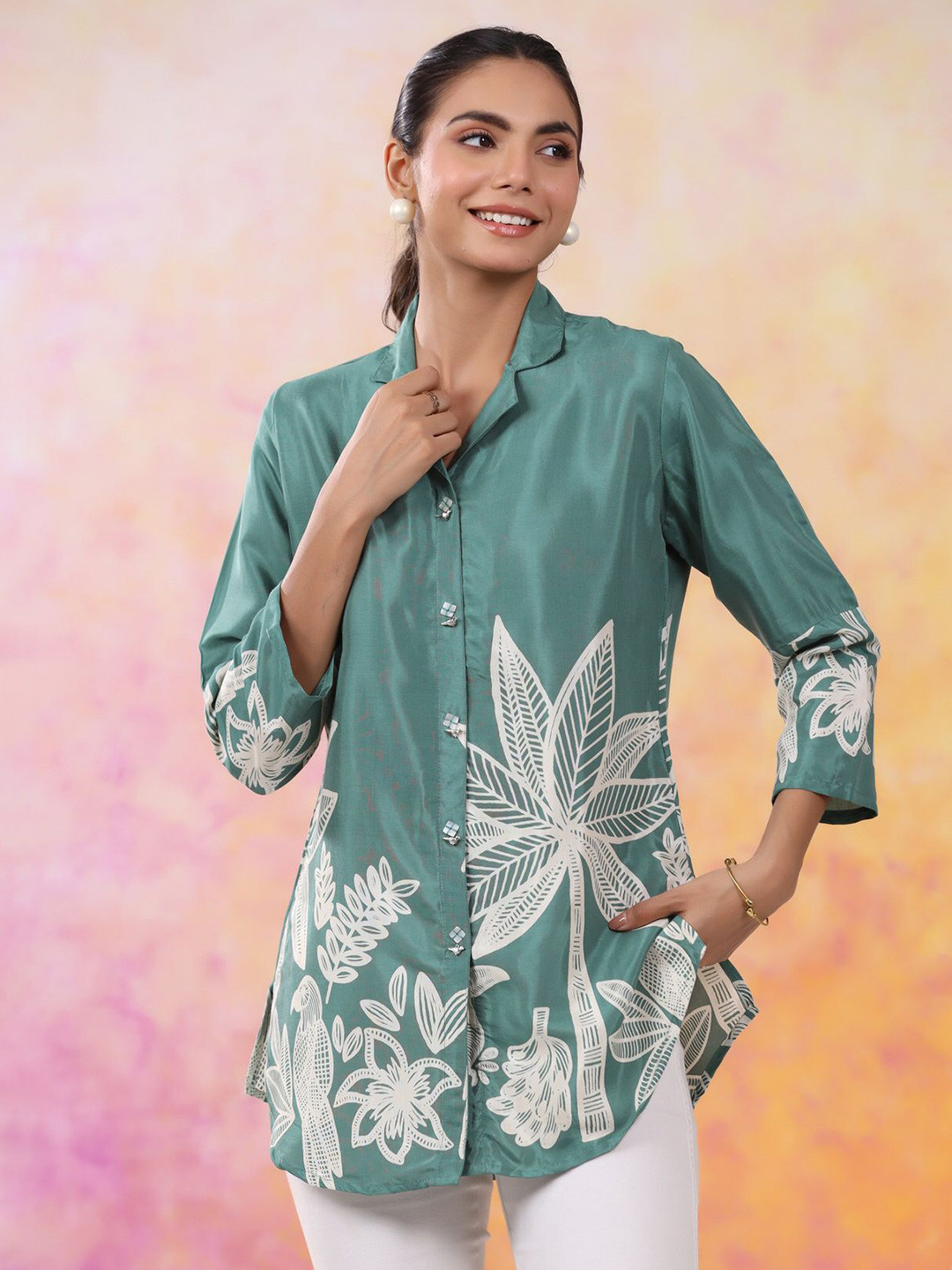 

JISORA Tropical Print Pure Silk Top, Green