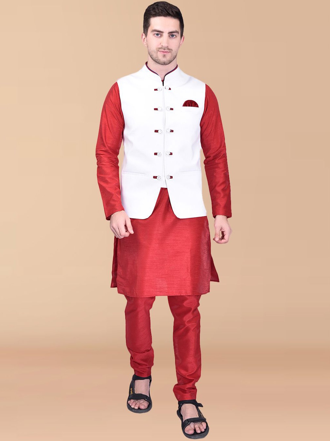 

PRINTINDIA Mandarin Collar Pure Silk Straight Kurta with Trouser and Nehru jacket, Red