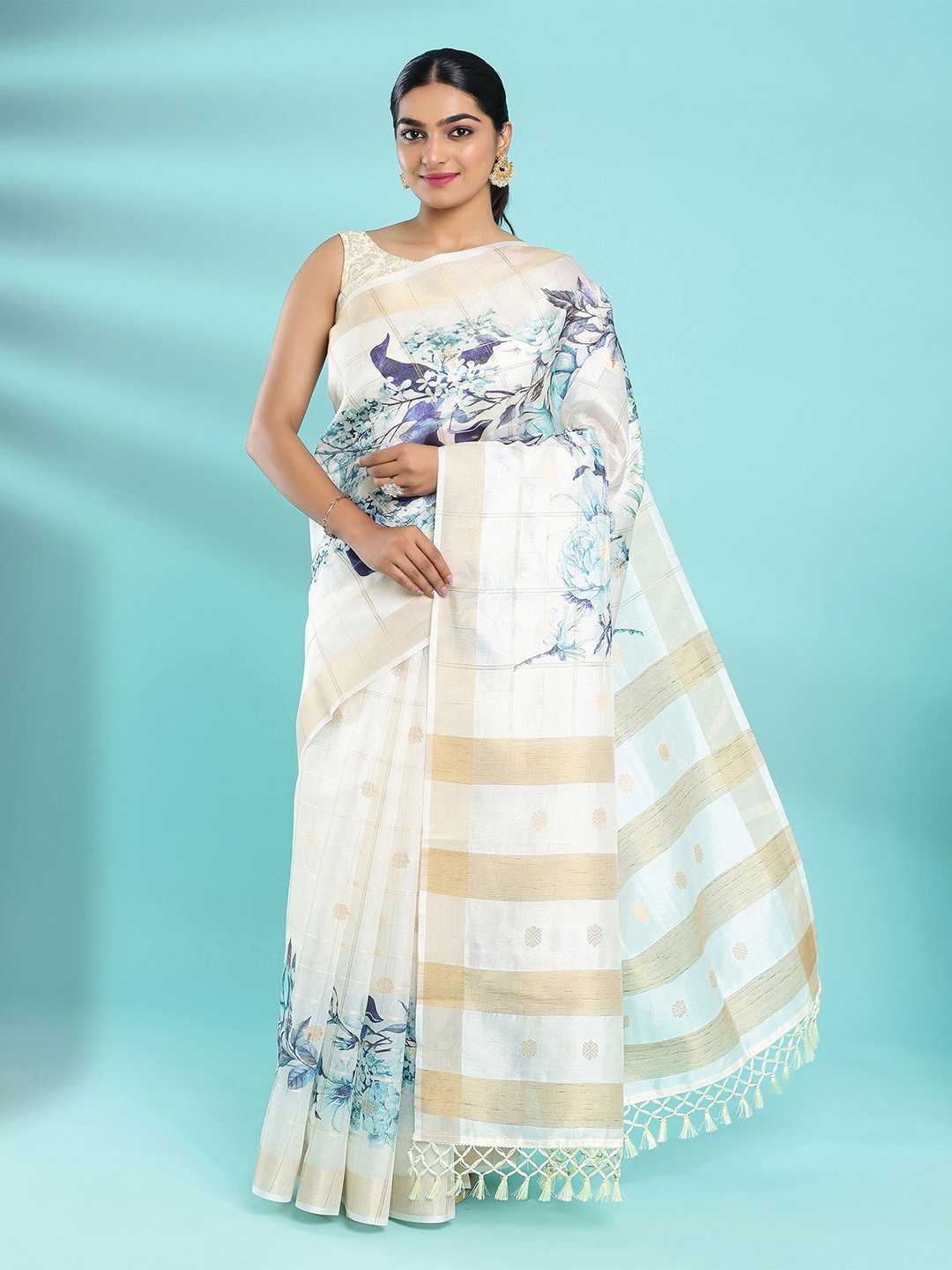 

Kalyan Silks Floral Zari Jute Silk Tussar Saree, Cream