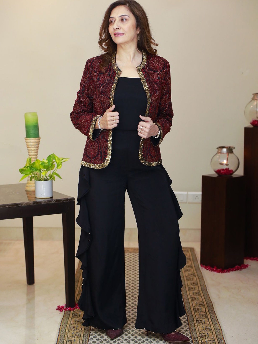 

HOUSE OF INARI Embroidered Jacket Top With Trousers Co-Ords, Red