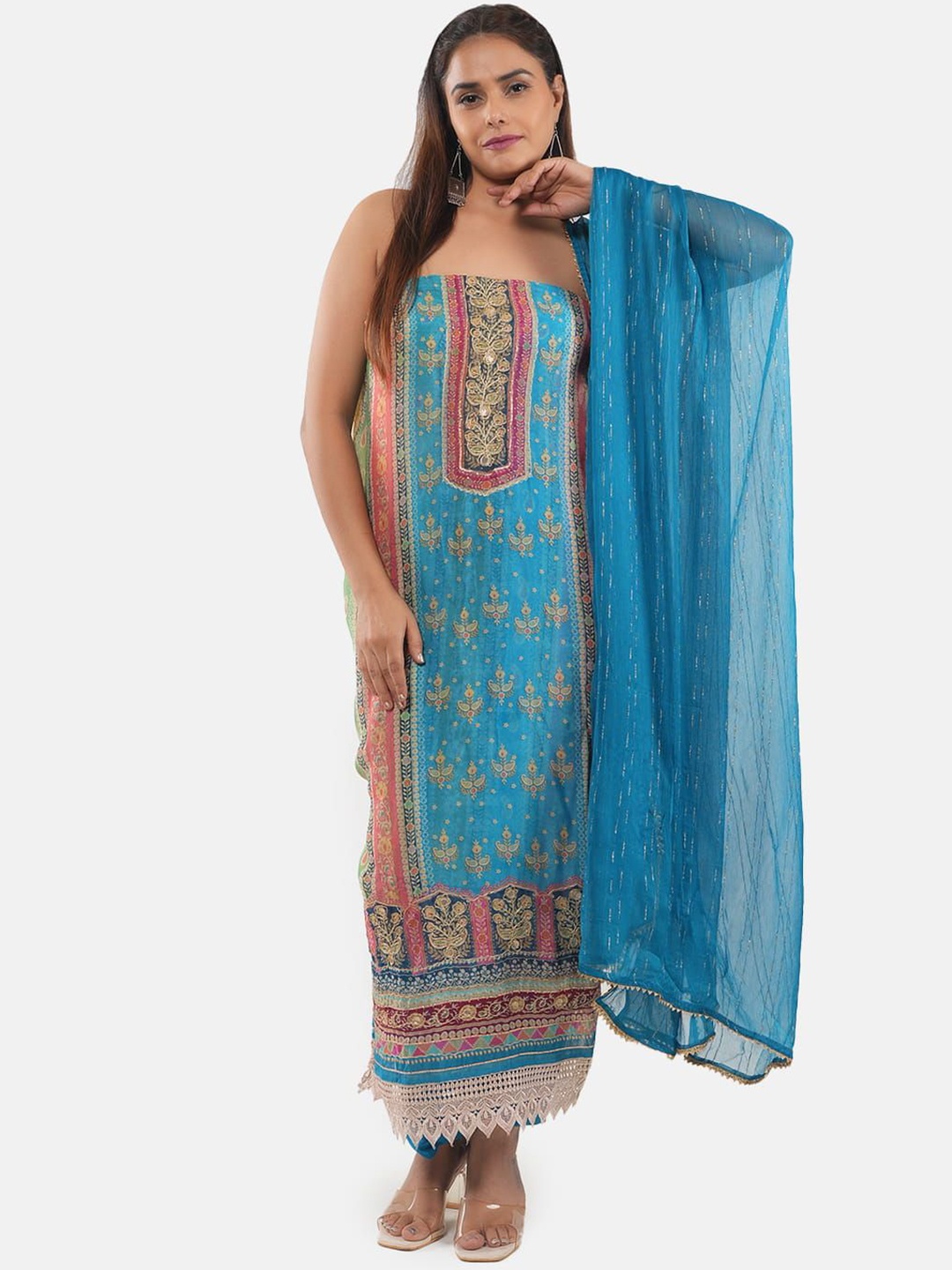 

MOZAFIA Floral Embroidered Zari Organza Unstitched Dress Material, Blue