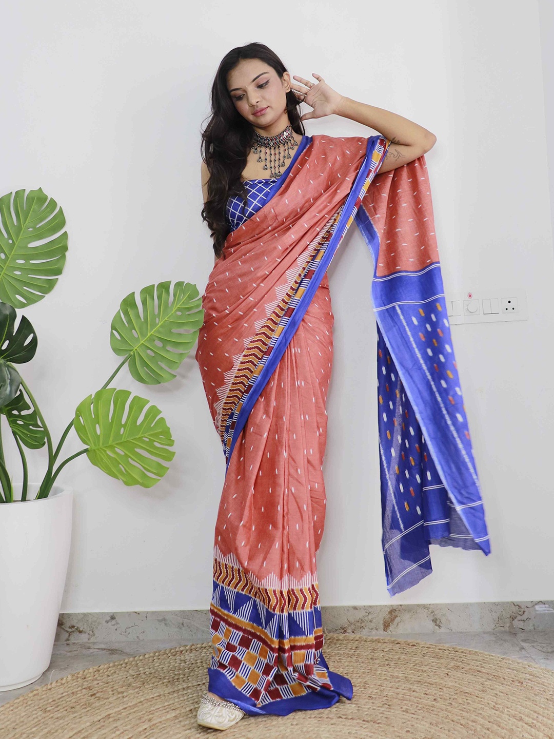 

HERE&NOW Pure Cotton Bagru Saree, Red