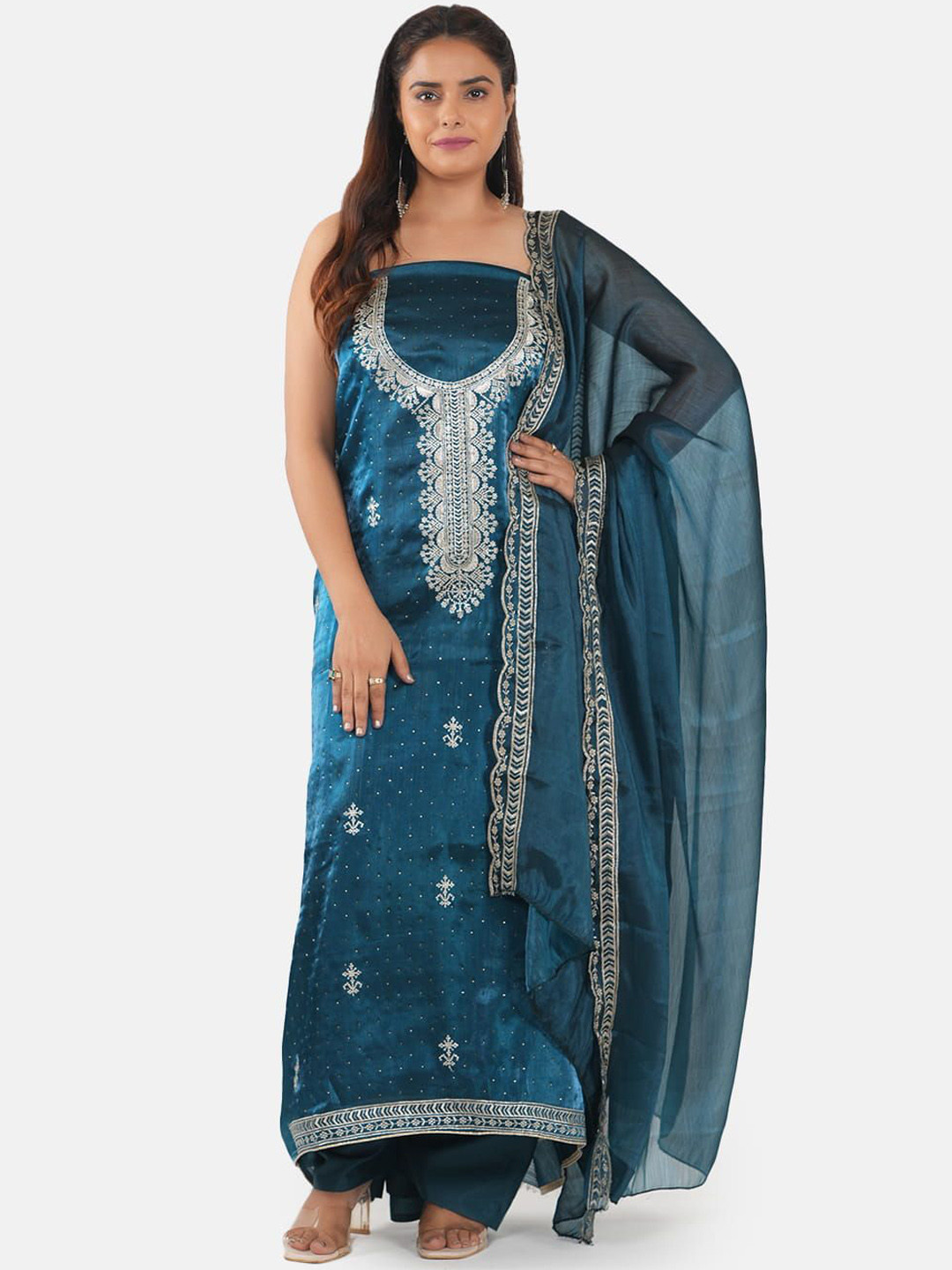 

MOZAFIA Floral Embroidered Beads and Stones Unstitched Dress Material, Blue