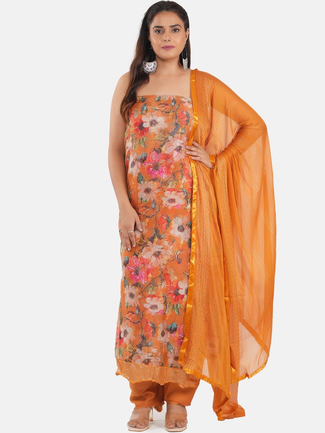 

MOZAFIA Floral Printed Sequinned Organza Unstitched Dress Material, Yellow