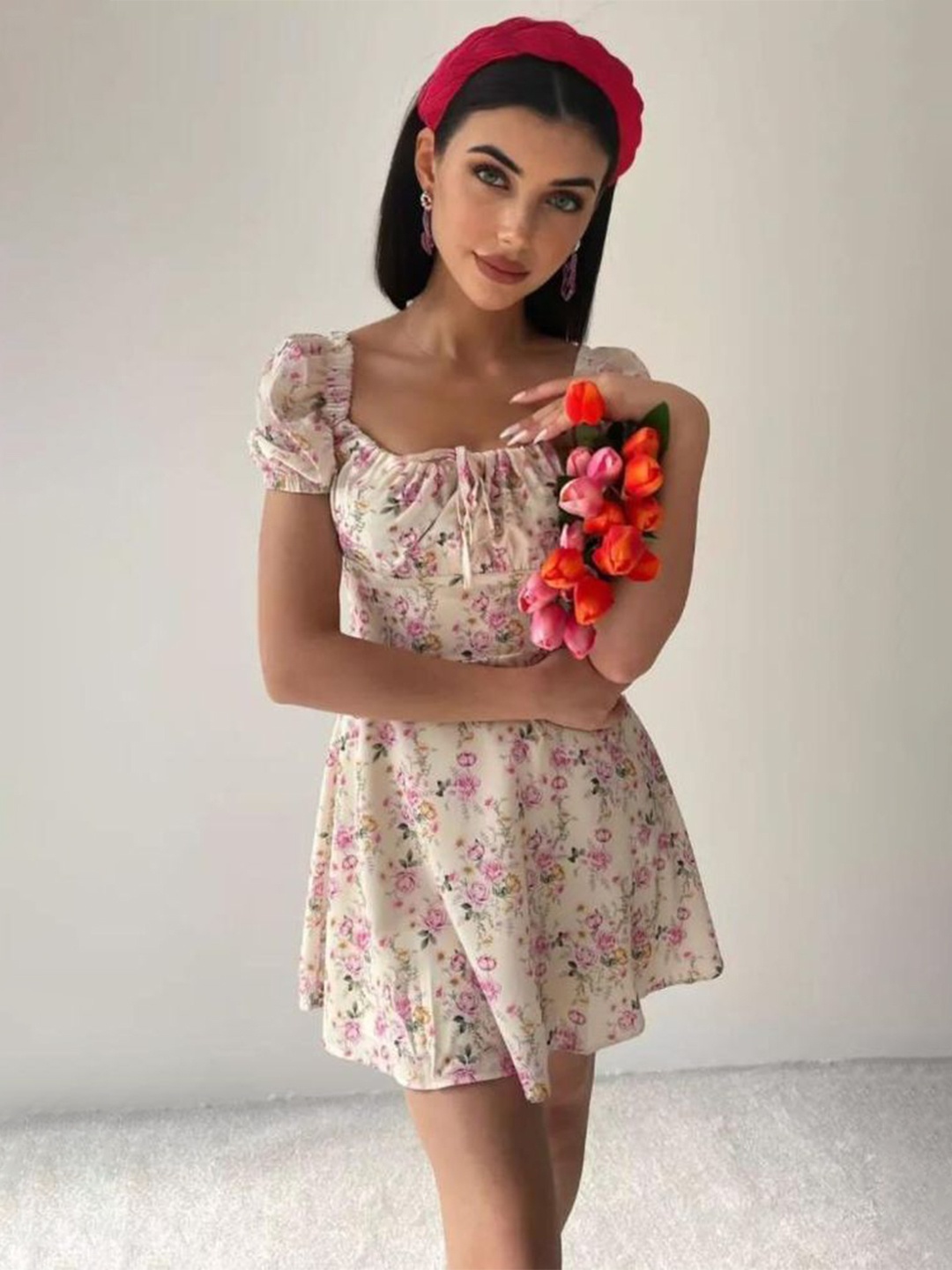 

LULU & SKY Floral Print Flutter Sleeve Fit & Flare Mini Dress, Beige