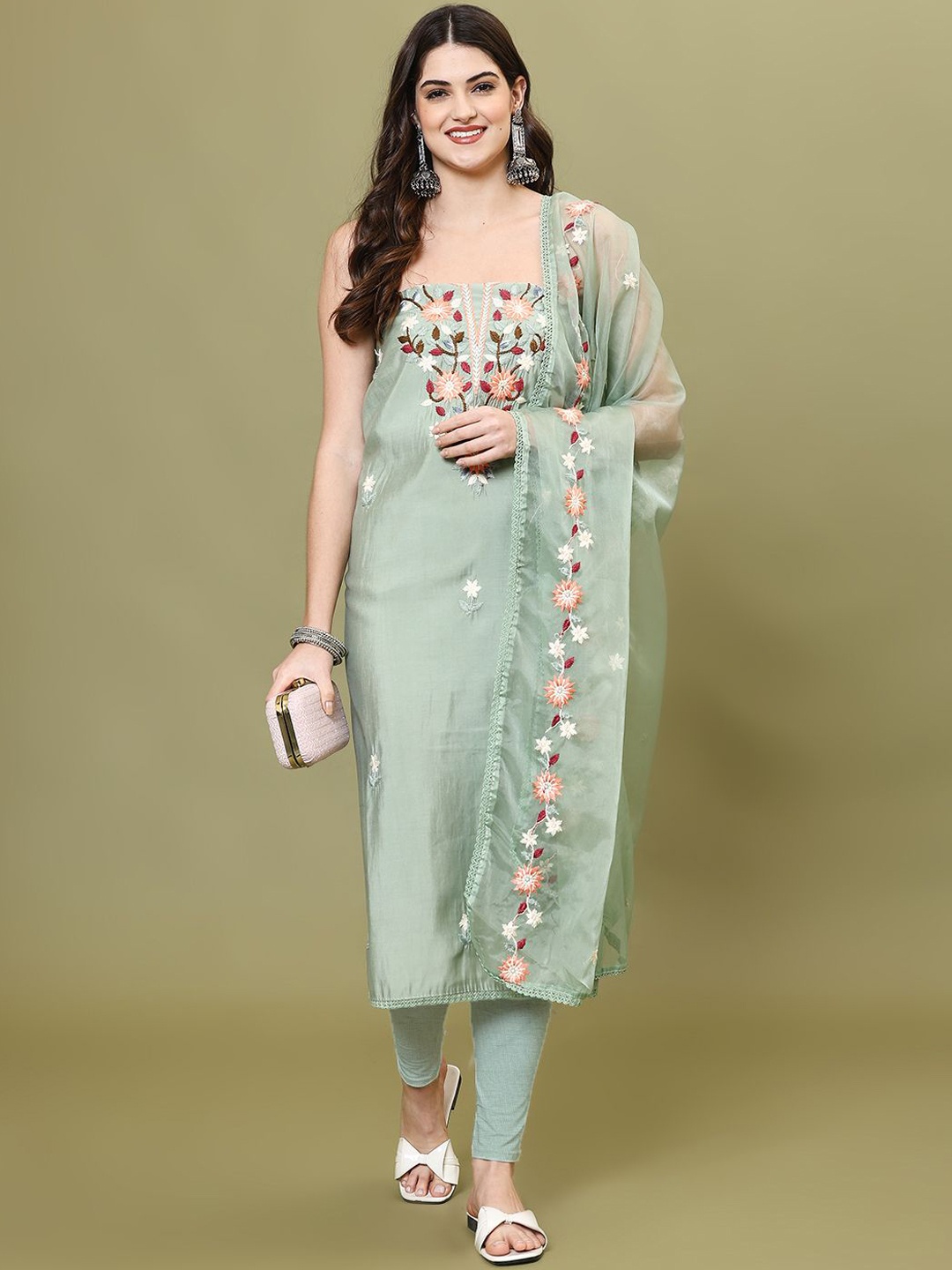 

Meena Bazaar Thread Embroidered Art Silk Unstitched Dress Material, Green