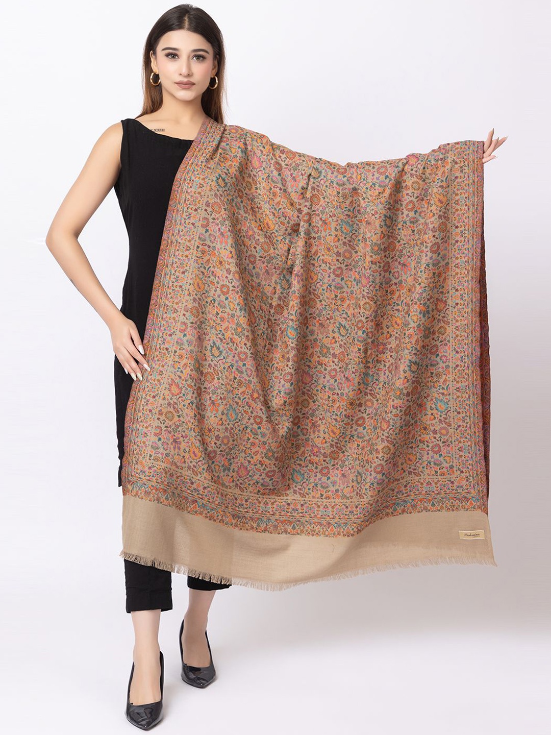 

PASHGIRI Women Floral Embroidered Shawl, Camel brown