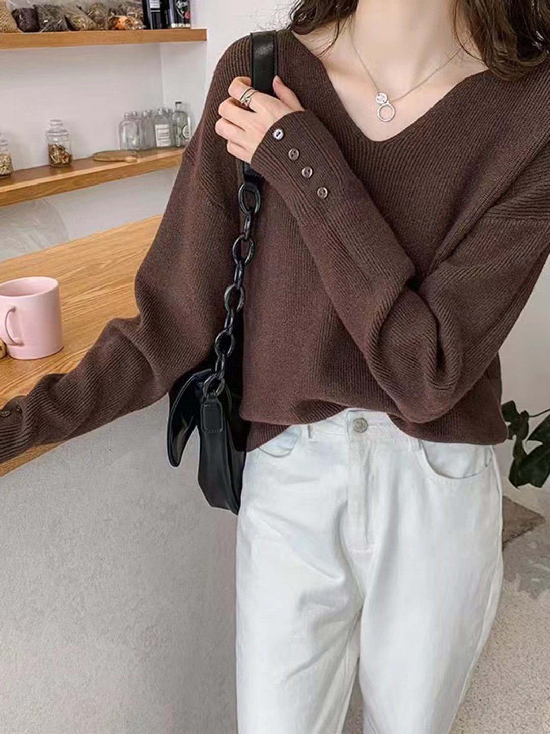 

StyleCast Women Long Sleeves V-Neck Sweater, Brown