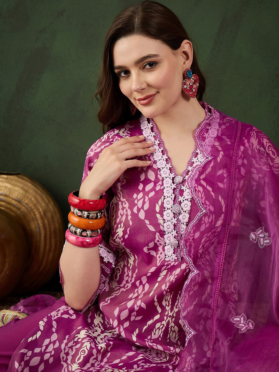 

Sangria Printed & Embroidered Kurta & Trousers with Dupatta, Purple