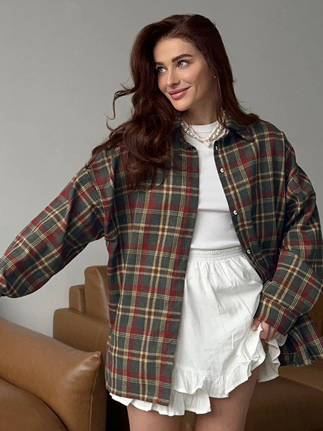 

LULU & SKY Checked Mandarin Collar Top, Multi