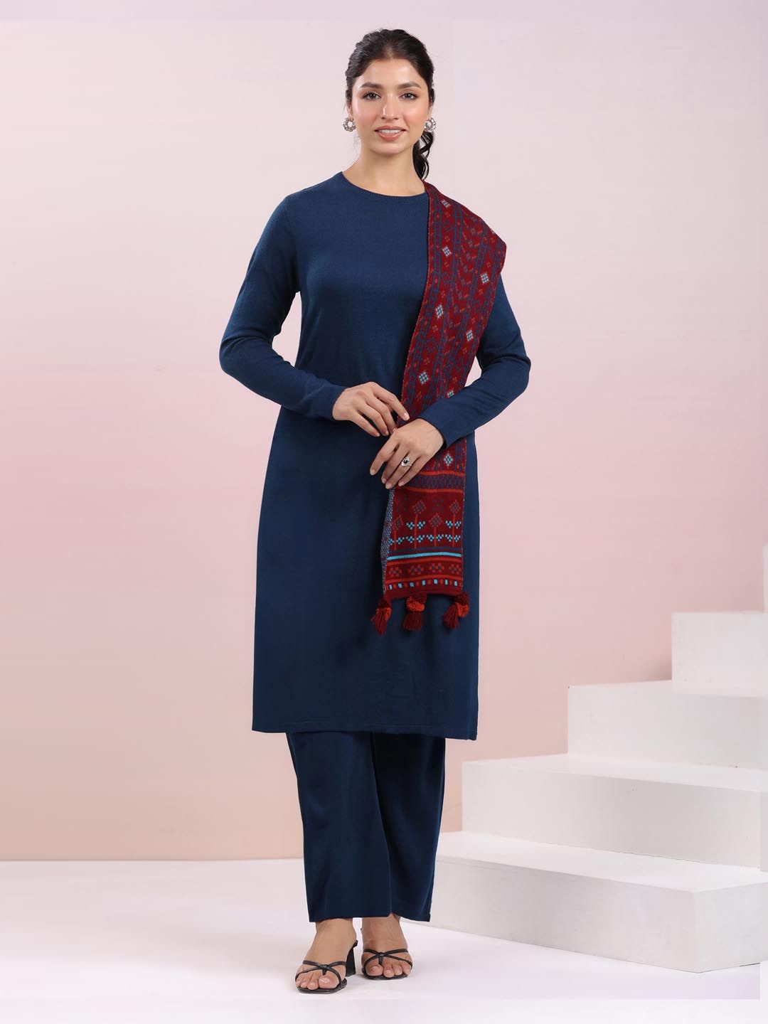 

Janasya Women's Woolen Self Design Straight Winter Kurta with Pant & Stole Set, Navy blue