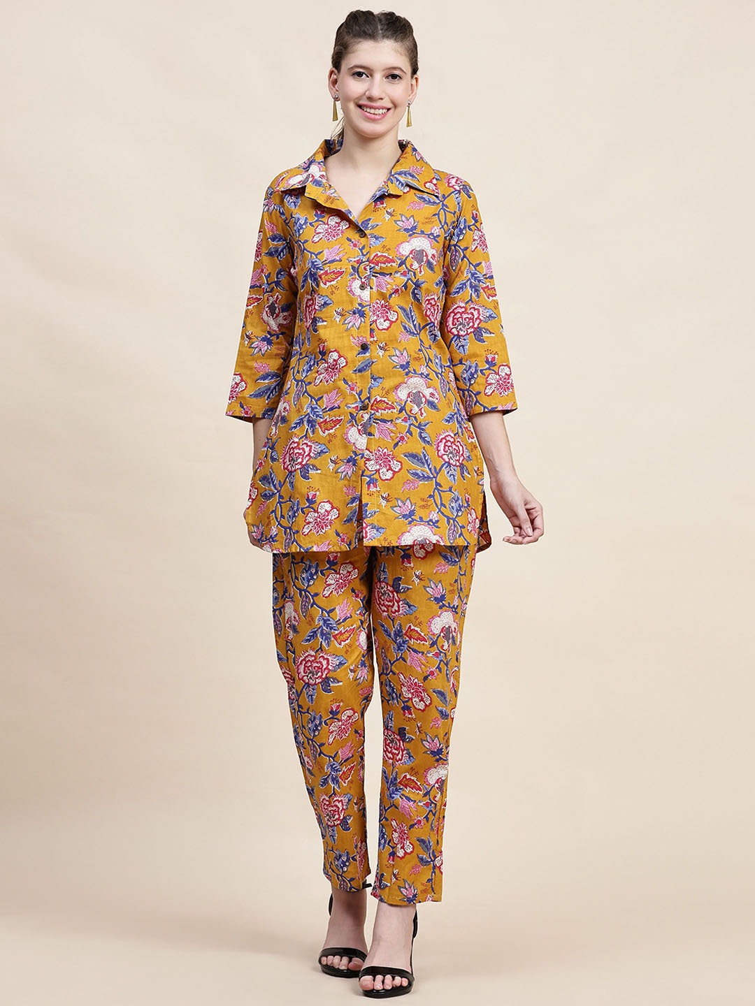 

TRUVON FASHIONS Printed Shirt & Trousers Co-Ord, Mustard