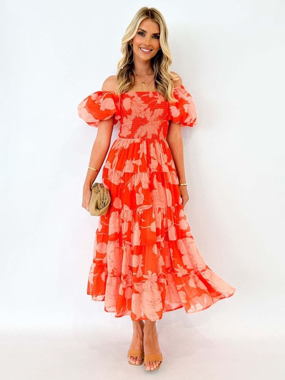 

LULU & SKY Floral Dyed Off-Shoulder Flared Sleeve Maxi Dress, Orange