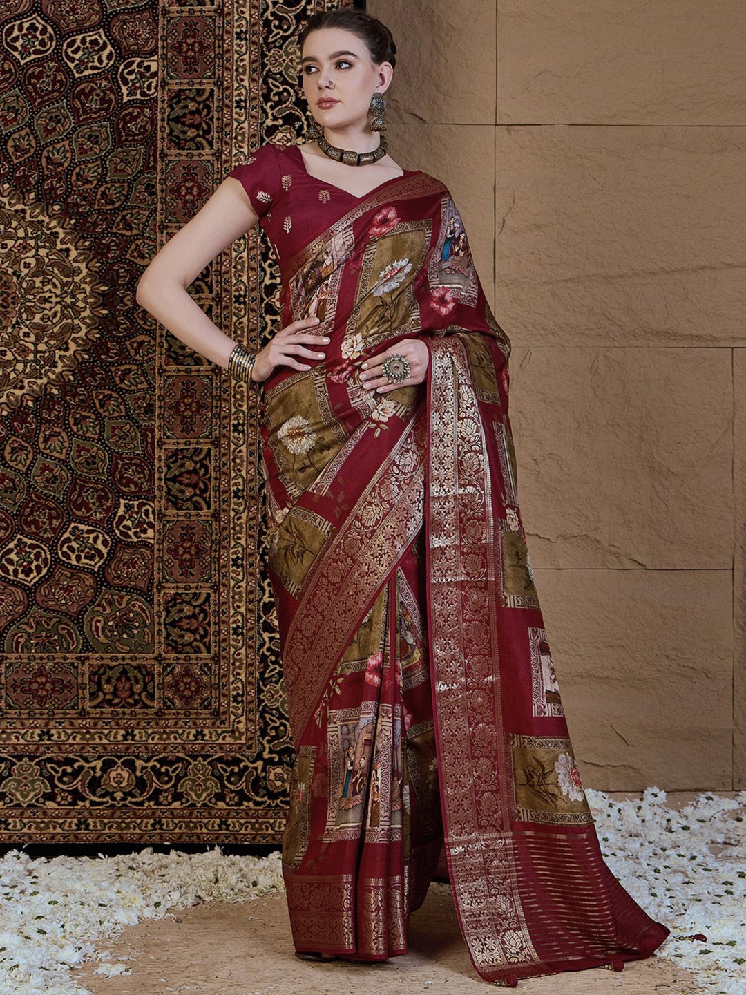 

Anouk Kalamkari Zari Silk Blend Sungudi Saree, Maroon