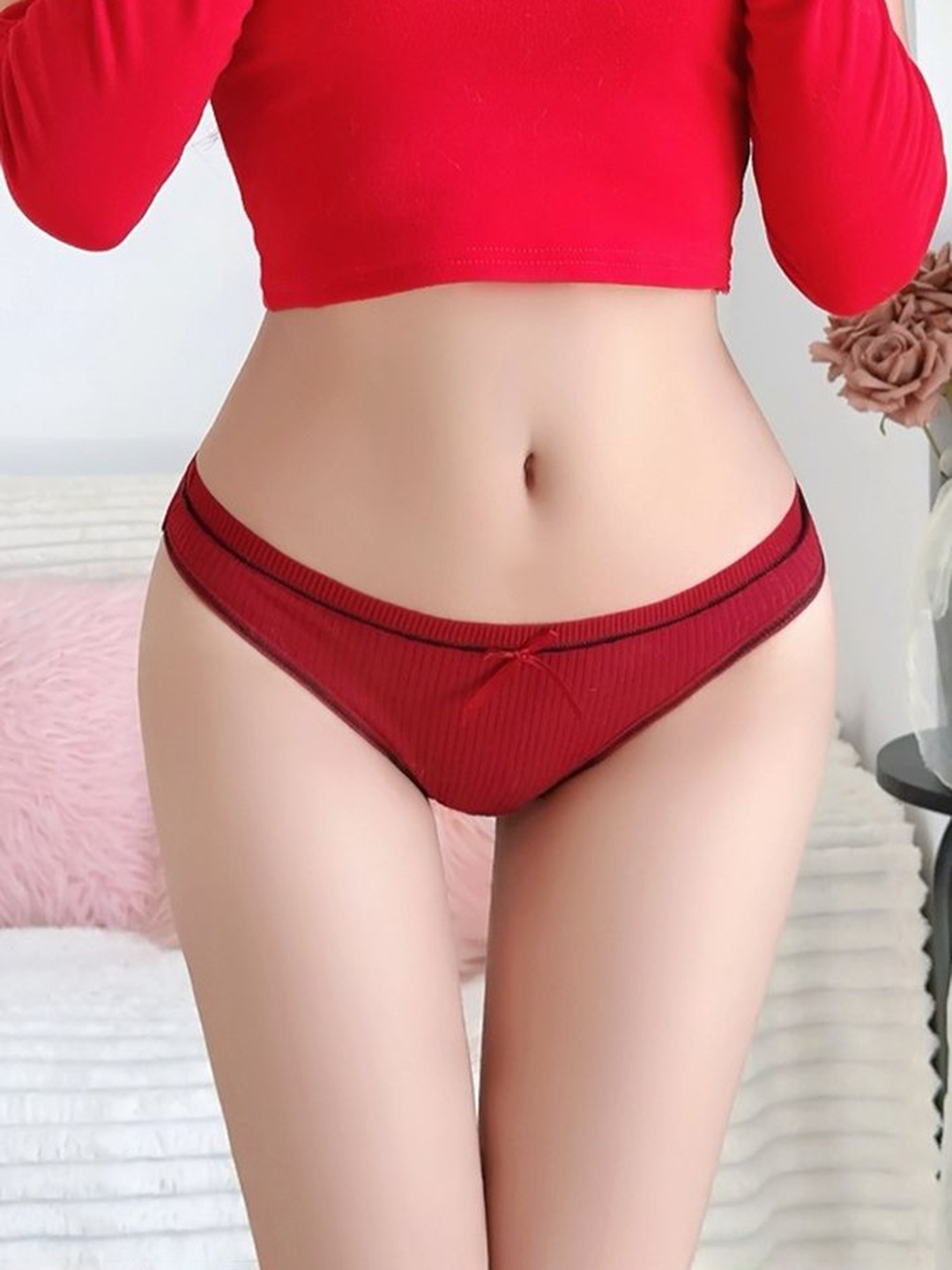 

LULU & SKY Women Ribbed Thong Briefs, Red
