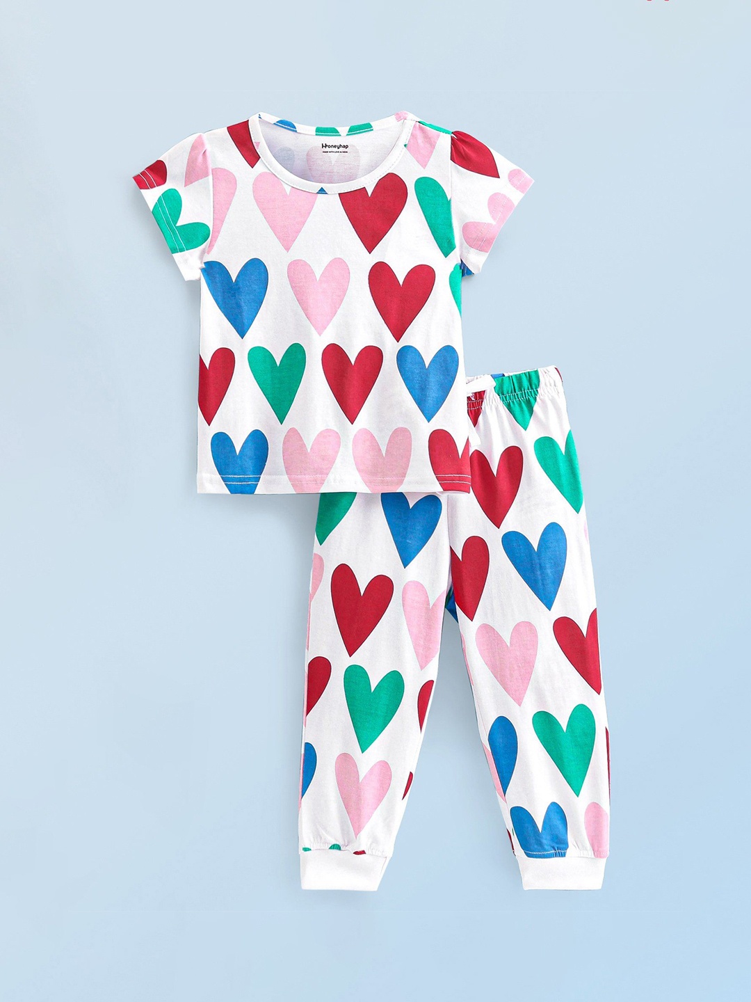 

Honeyhap Girls Printed Pure Cotton Night suit, White
