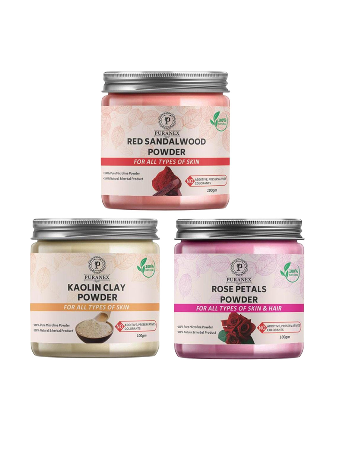 

Puranex Set Of 3 Red Sandalwood, Kaolin Clay & Rose Petals Powder Face Pack, White