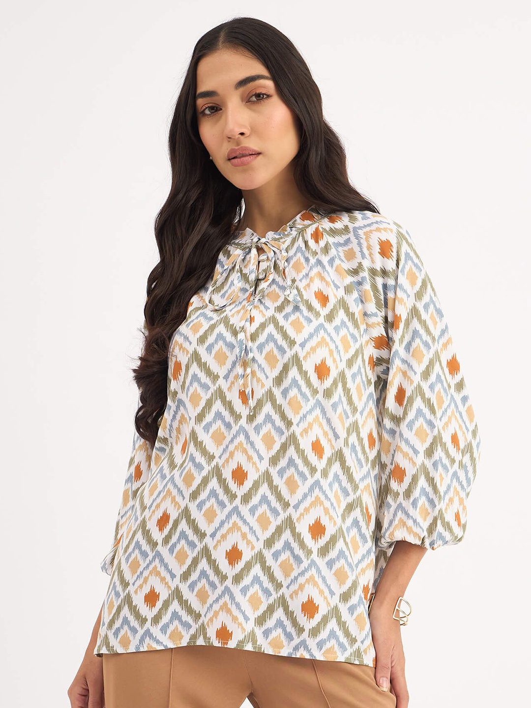 

SALT ATTIRE Ikat Printed Tie-Up Neck A-Line Top, White