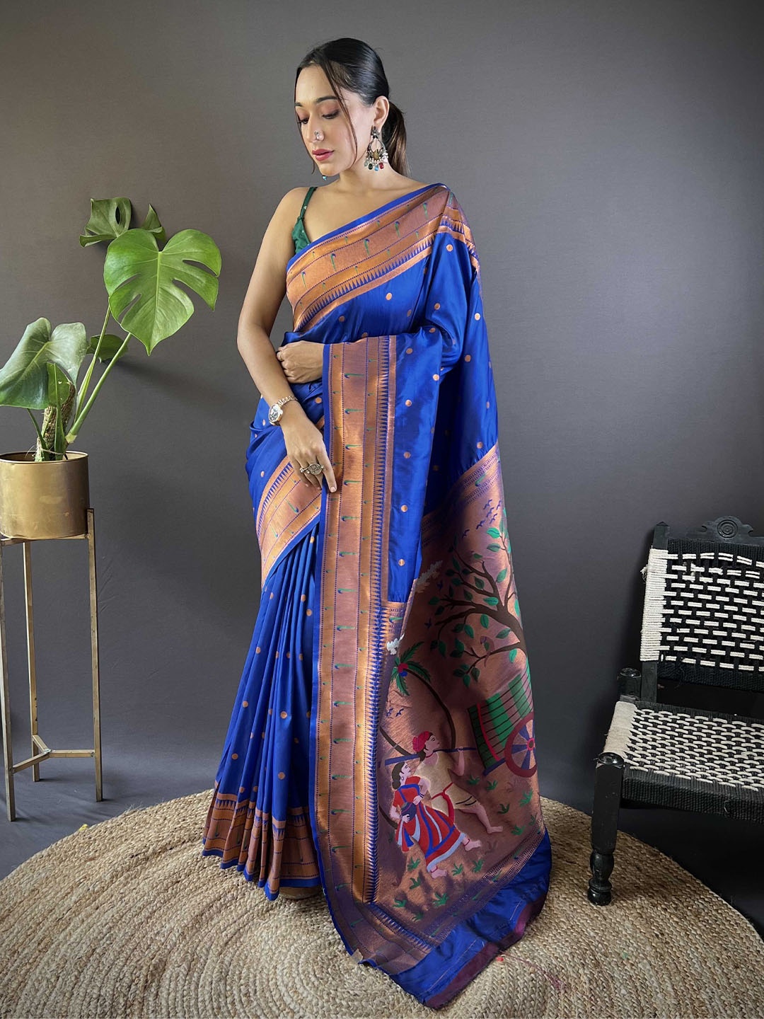 

Panzora Ethnic Motifs Zari Silk Blend Paithani Saree, Blue