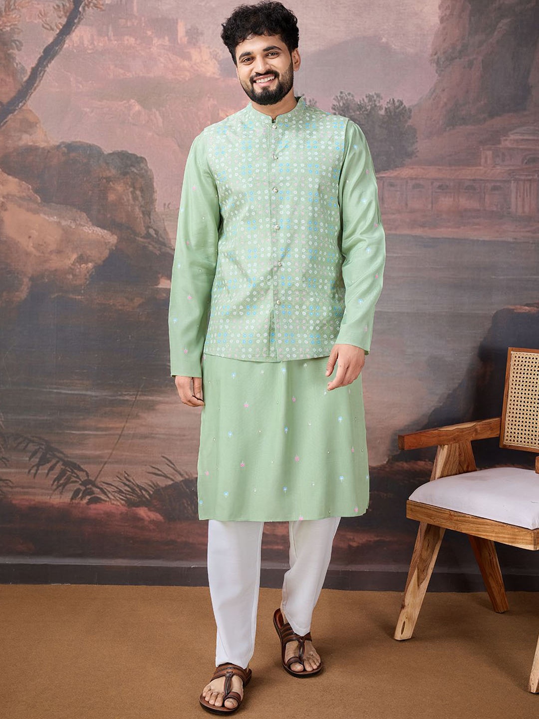 

House of Pataudi Printed Kurta & Trouser With Nehru Jacket, Green