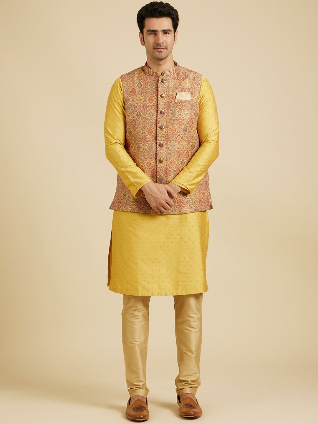 

Manyavar Embroidered Woven Nehru Jacket, Beige