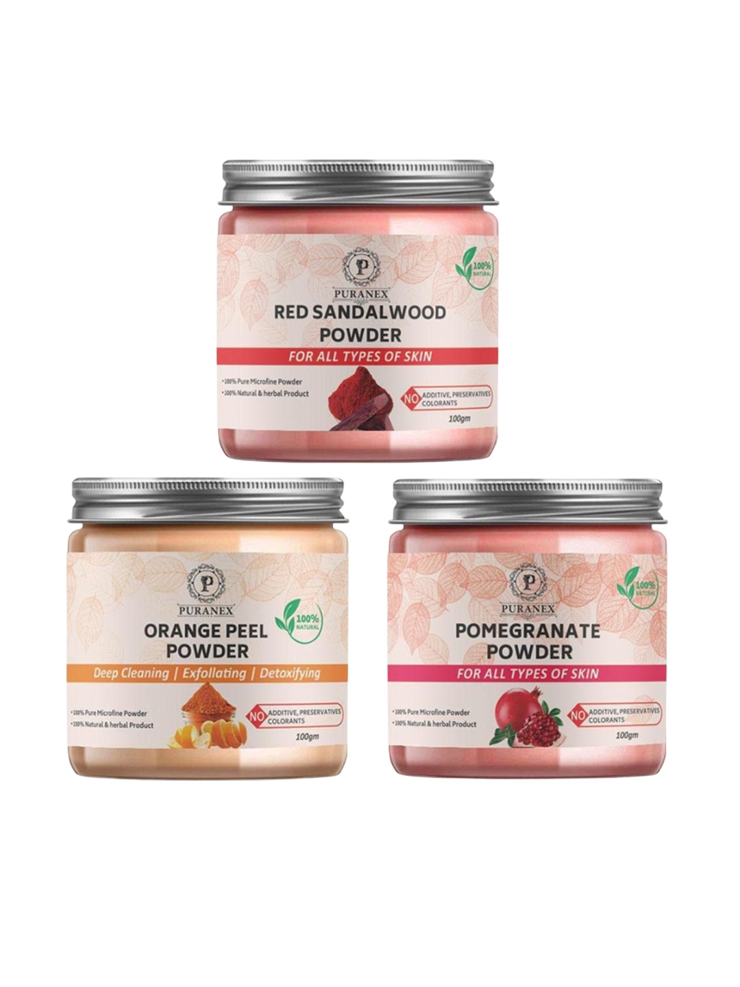 

Puranex Set Of 3 Red Sandal Wood, Orange & Pomegranate Powder - 100 gm Each, White