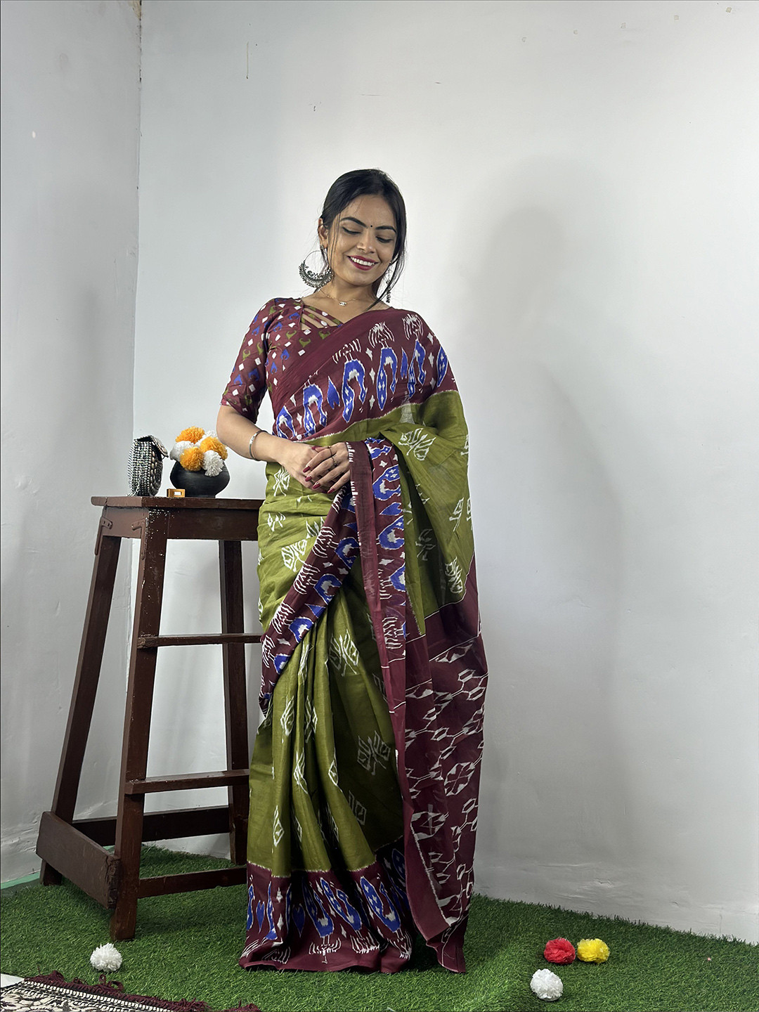

HERE&NOW Geometric Printed Pure Cotton Bagru Saree, Green