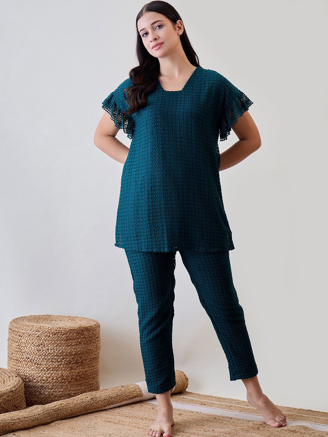 

The Kaftan Company Textured Tunic With Trousers Co-Ords, Teal