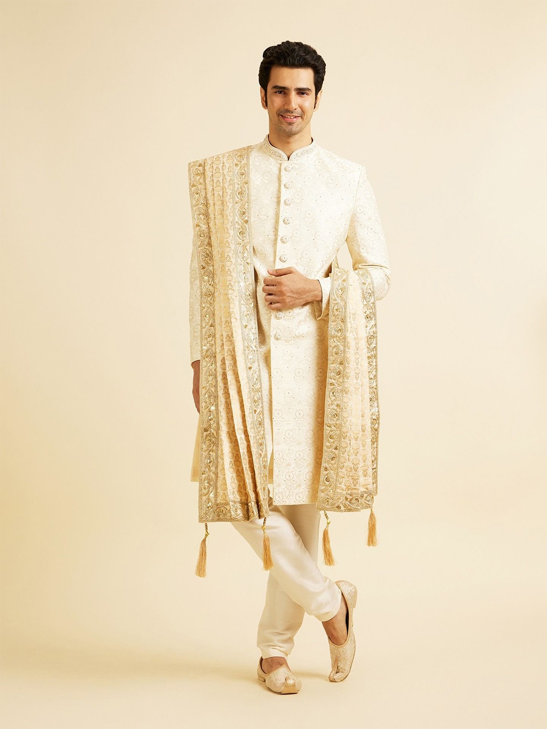 

Manyavar Men Embroidered Dupatta with Sequinned, Beige