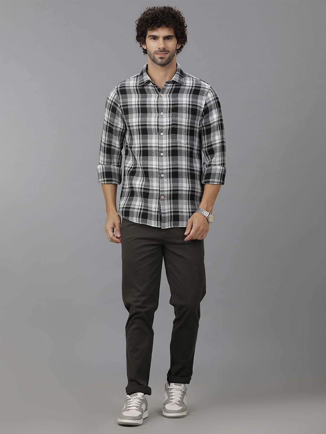 

Double Two Men Comfort Slim Fit Tartan Checks Opaque Checked Casual Shirt, Grey