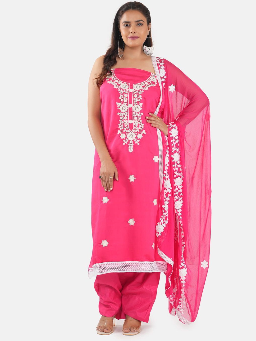 

MOZAFIA Floral Embroidered Pure Silk Unstitched Dress Material, Pink