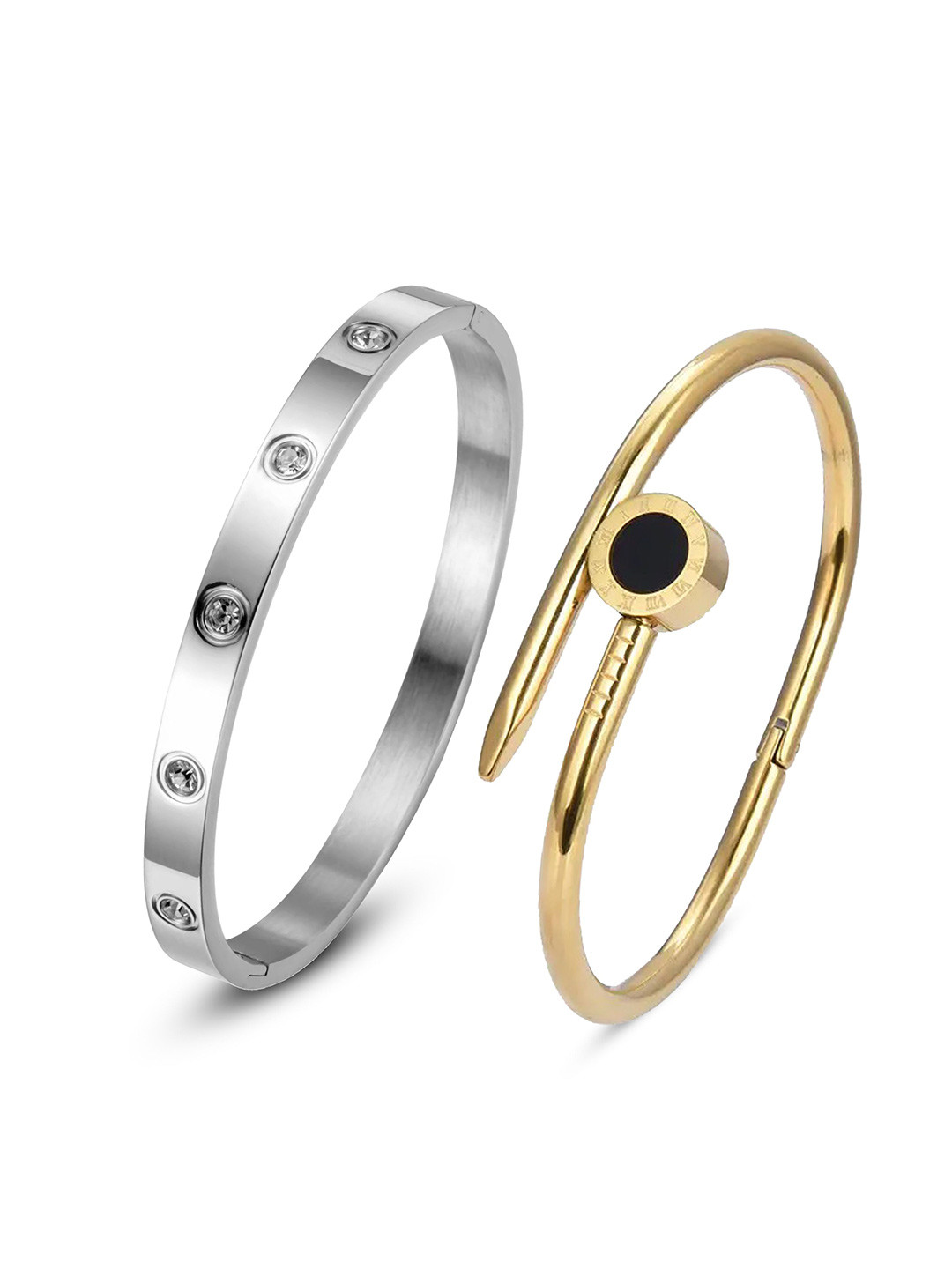 

MEENAZ Set of 2 Silver and Gold-Plated Anti Tarnish CZ-Studded Kada Bracelets