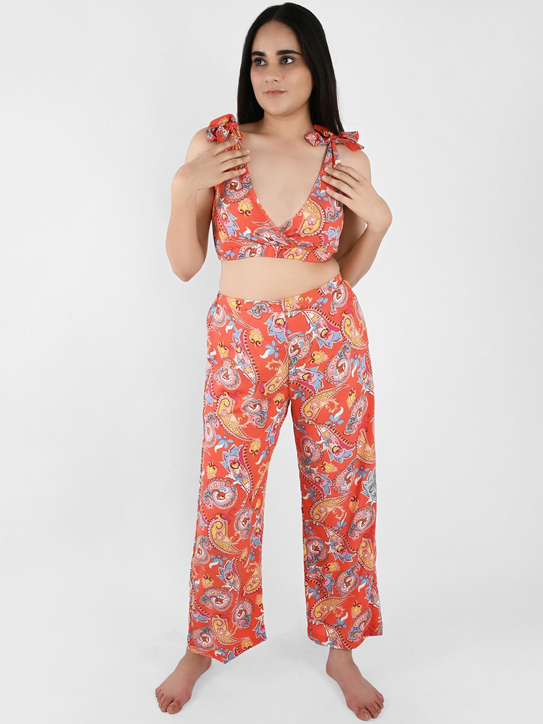 

Blissence Ethnic Motifs Printed V Neck Swimwear Top & Trousers, Red