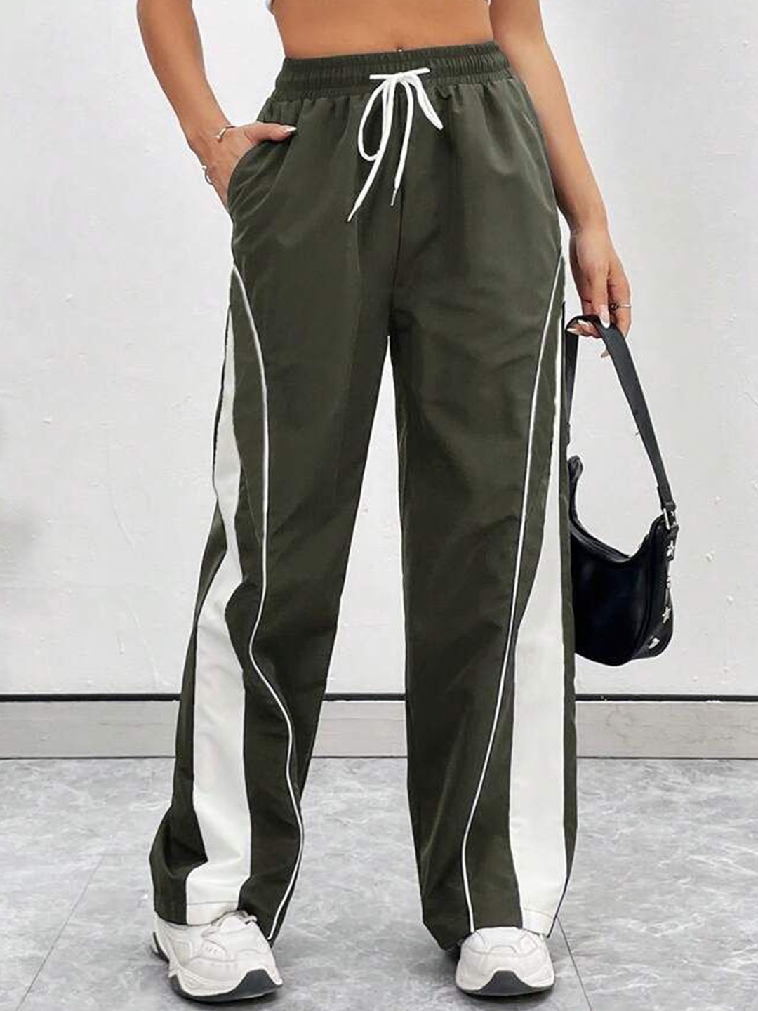 

SAAHASAM Women Striped Relaxed Loose Fit Trousers, Olive