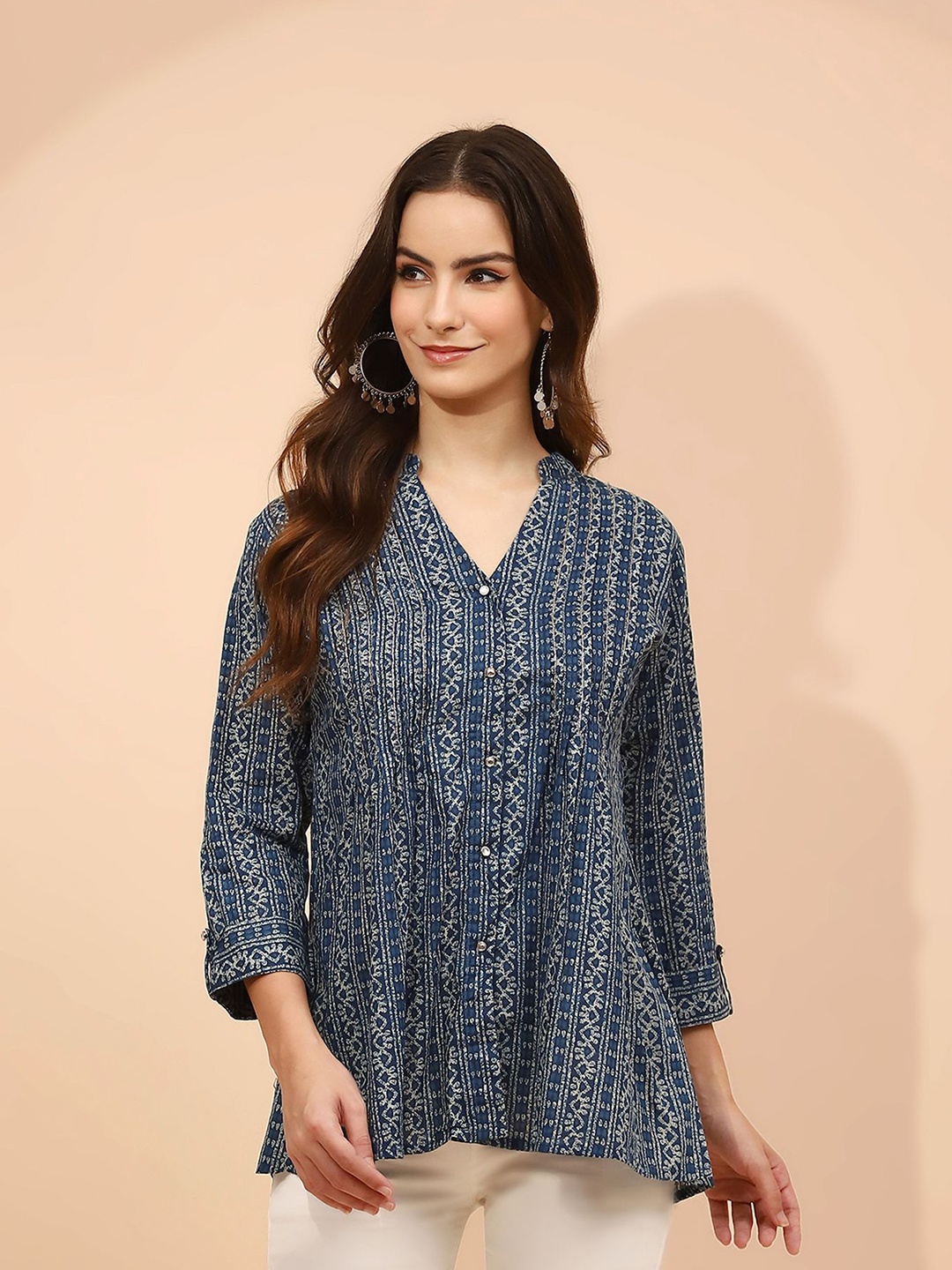 

Me&I Mandarin Collar Printed Indigo Tunic, Blue