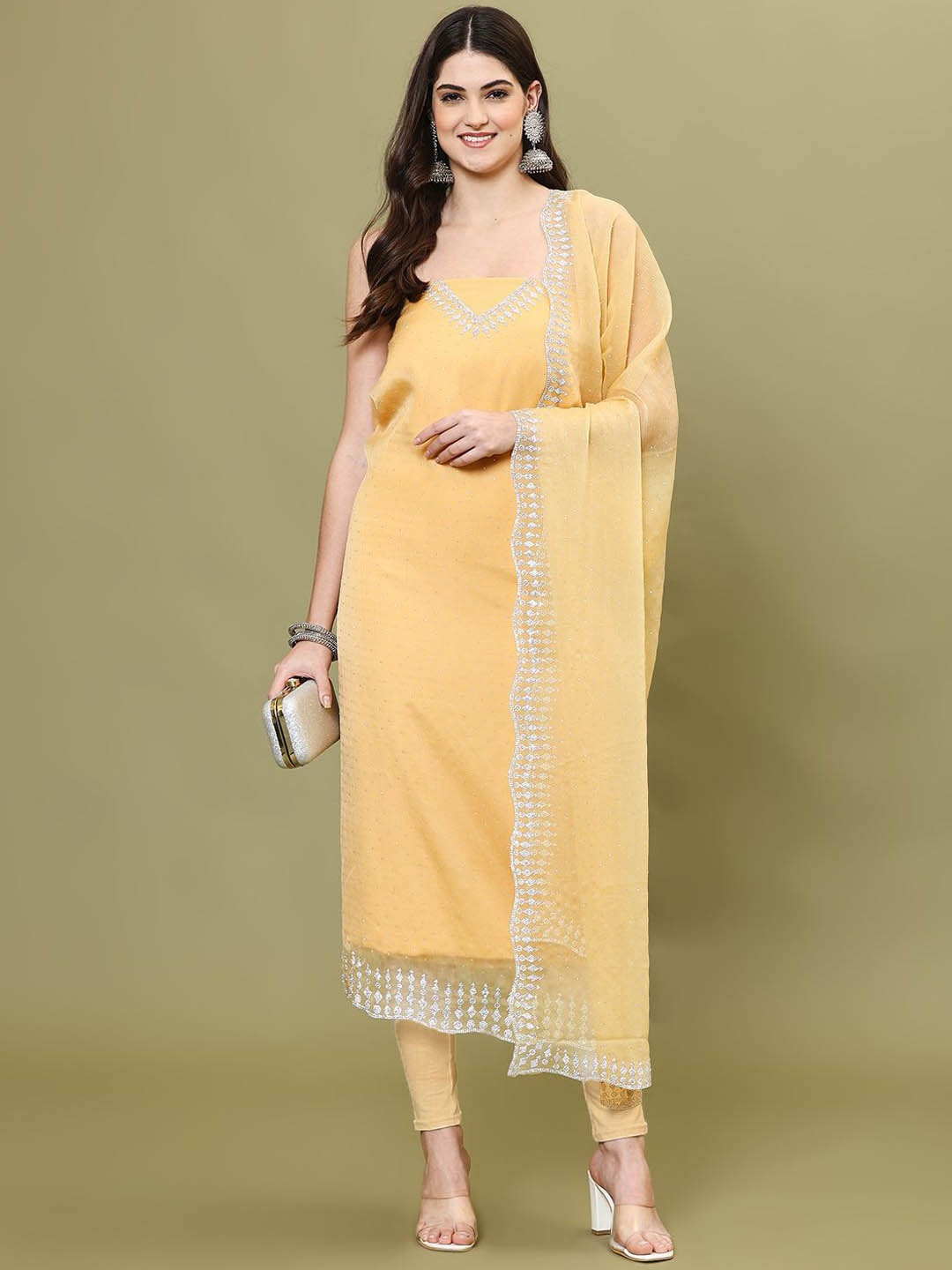 

Meena Bazaar Embellished Art Silk Unstitched Dress Material, Yellow