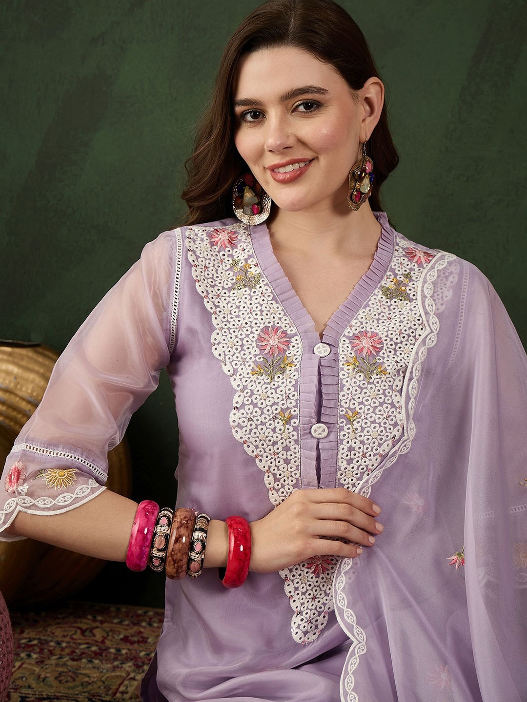 

Sangria Embroidered Kurta With Trouser & Dupatta Set, Purple