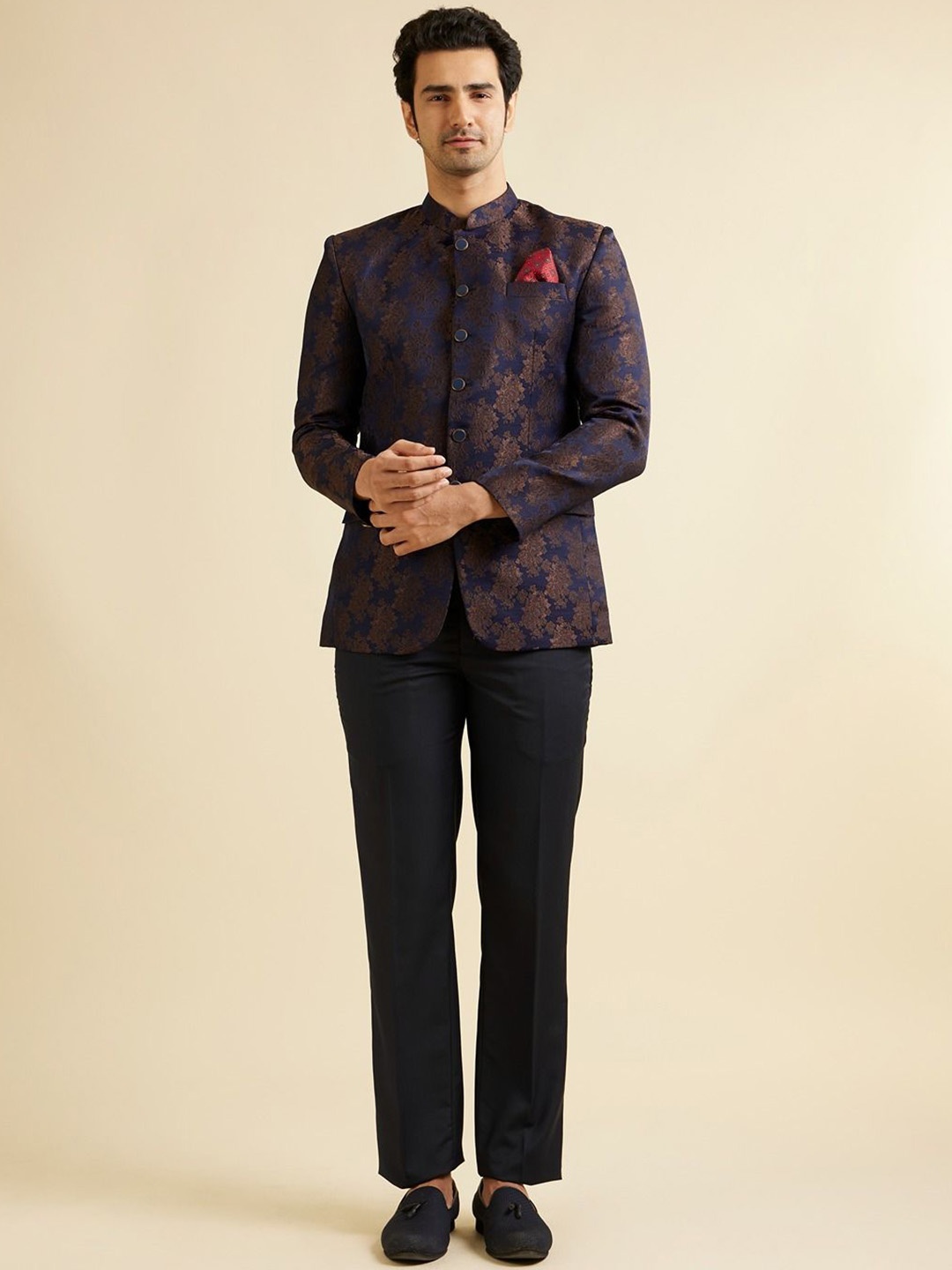

Manyavar Floral Printed Tailored-Fit Single-Breasted Two-Piece Suit, Blue