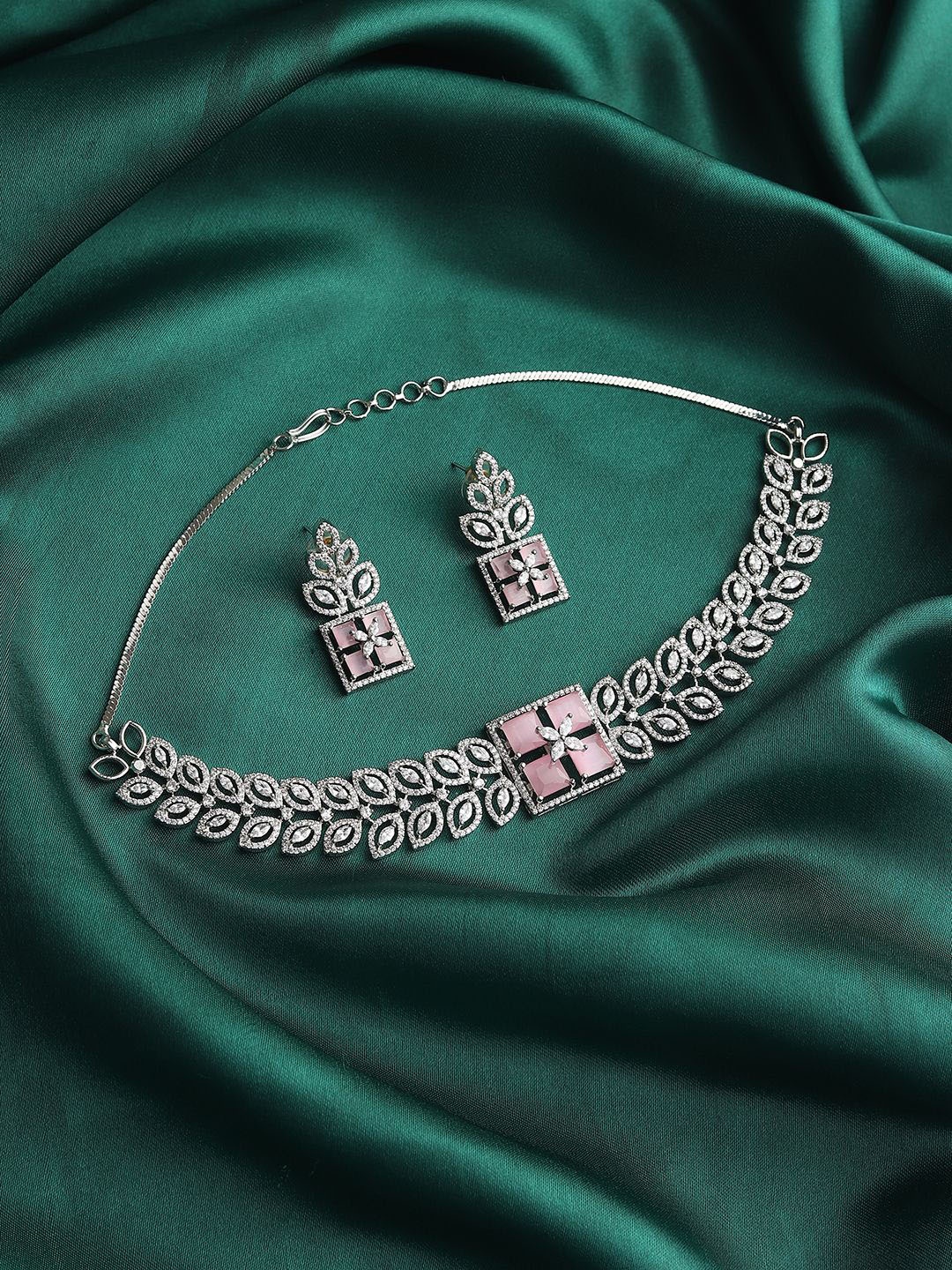 

RHOSYN Rhodium-Plated AD-Studded Jewellery Set, Pink