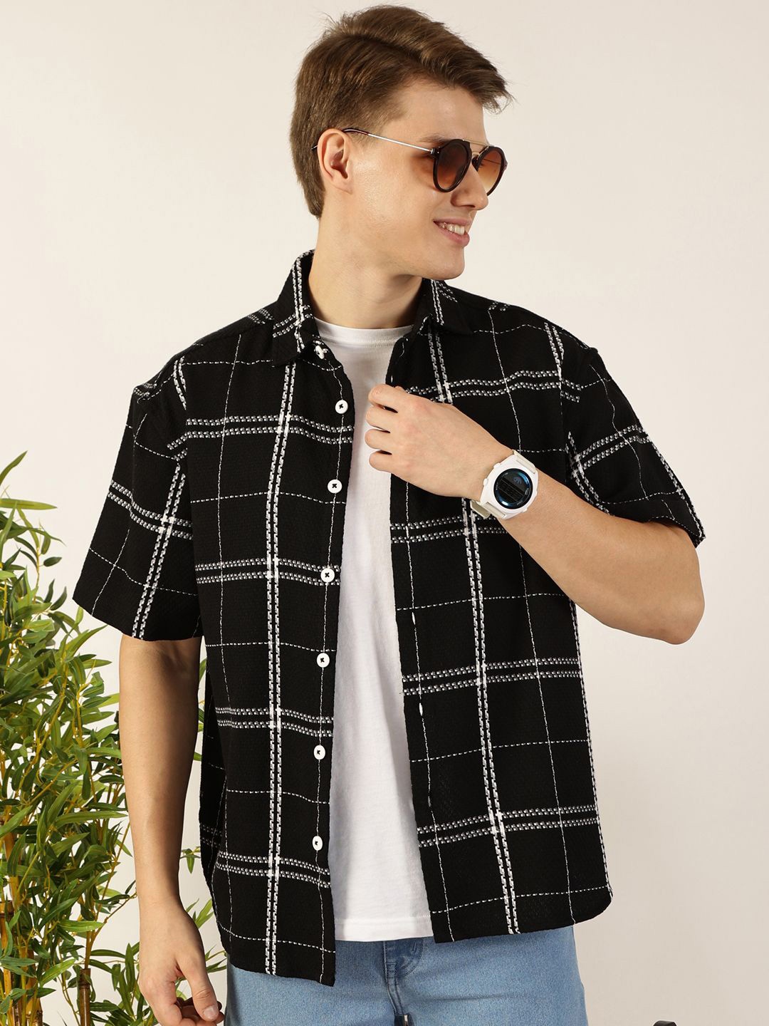 

Mast & Harbour Men Premium Windowpane Checks Opaque Cotton Casual Shirt, Black