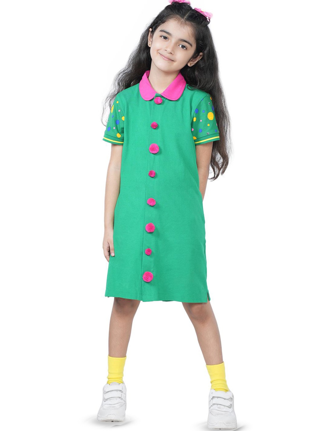 

PILOLO Girls Shirt Collar Cotton A-Line Dress, Green