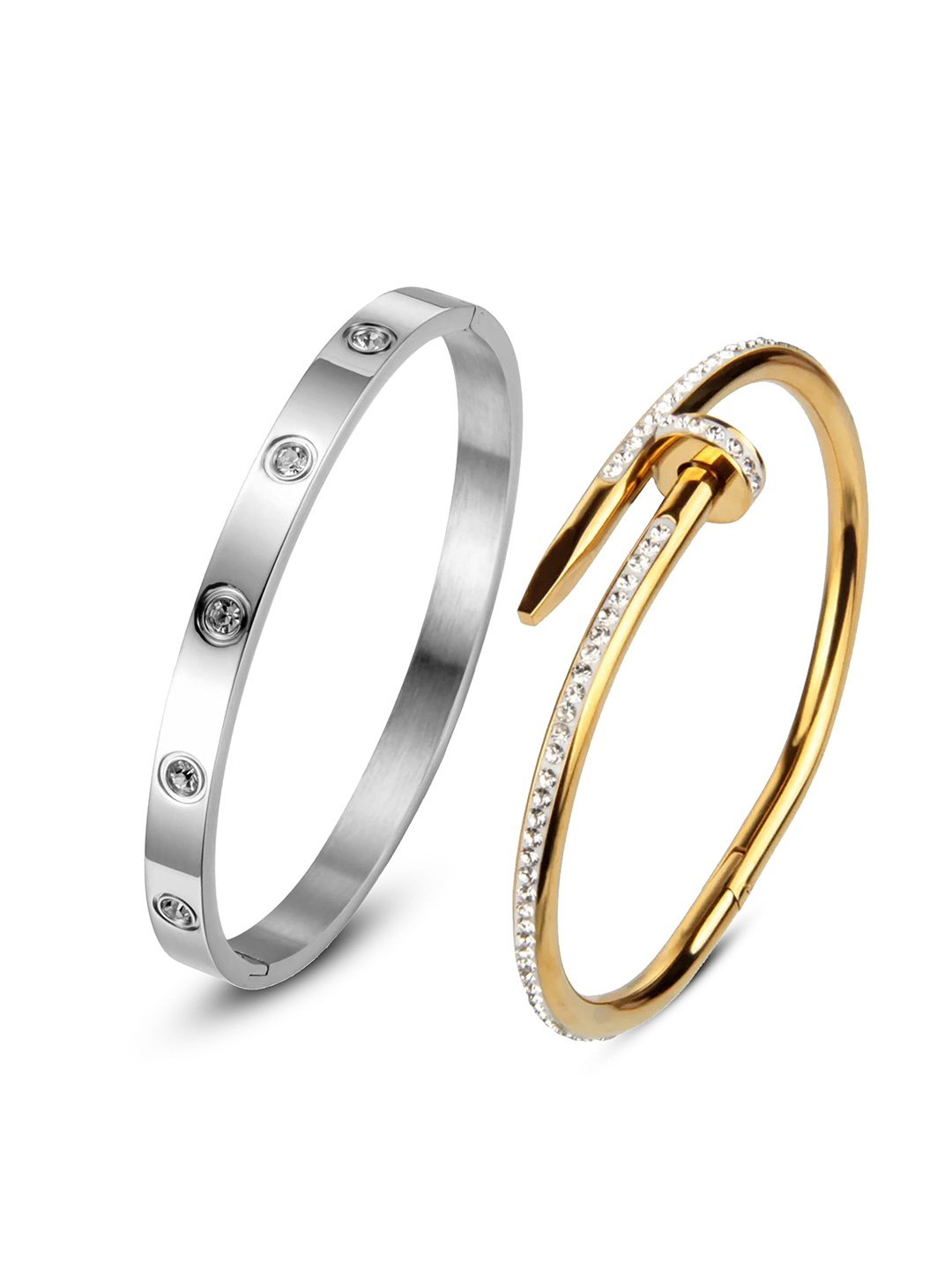

MEENAZ Set of 2 Silver and Gold-Plated Anti Tarnish CZ-Studded Kada Bracelets