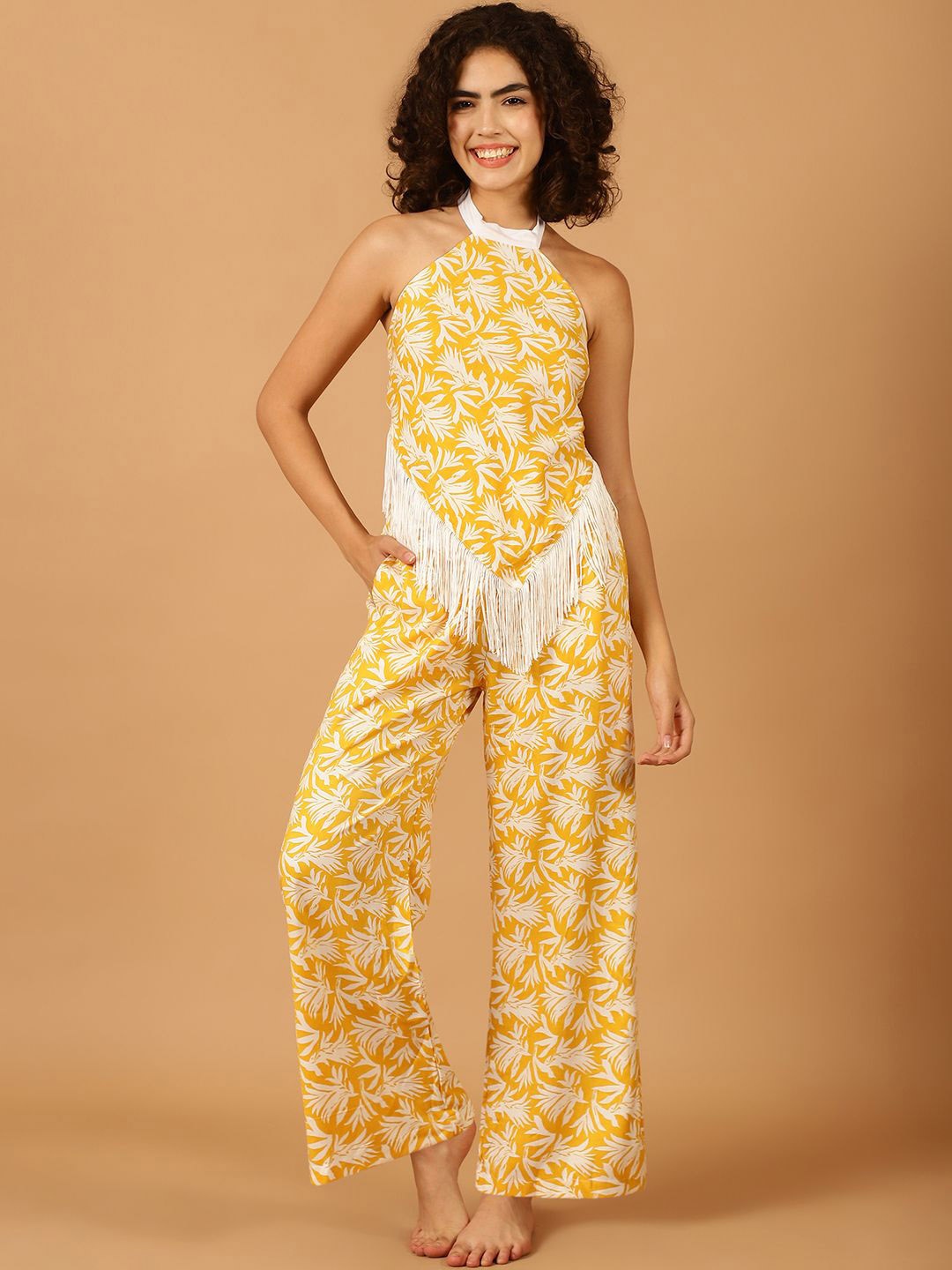 

Blissence Fringed Top & Trousers Swimwear Cover up Set, Yellow