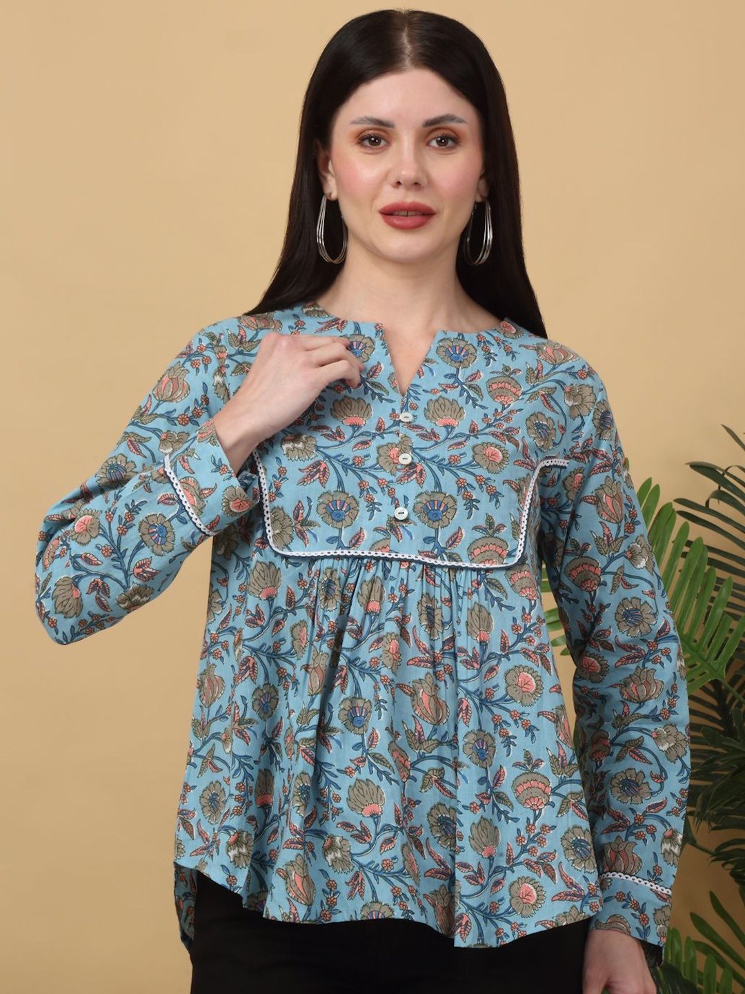 

KALINI Women Floral Print Cotton Top, Blue