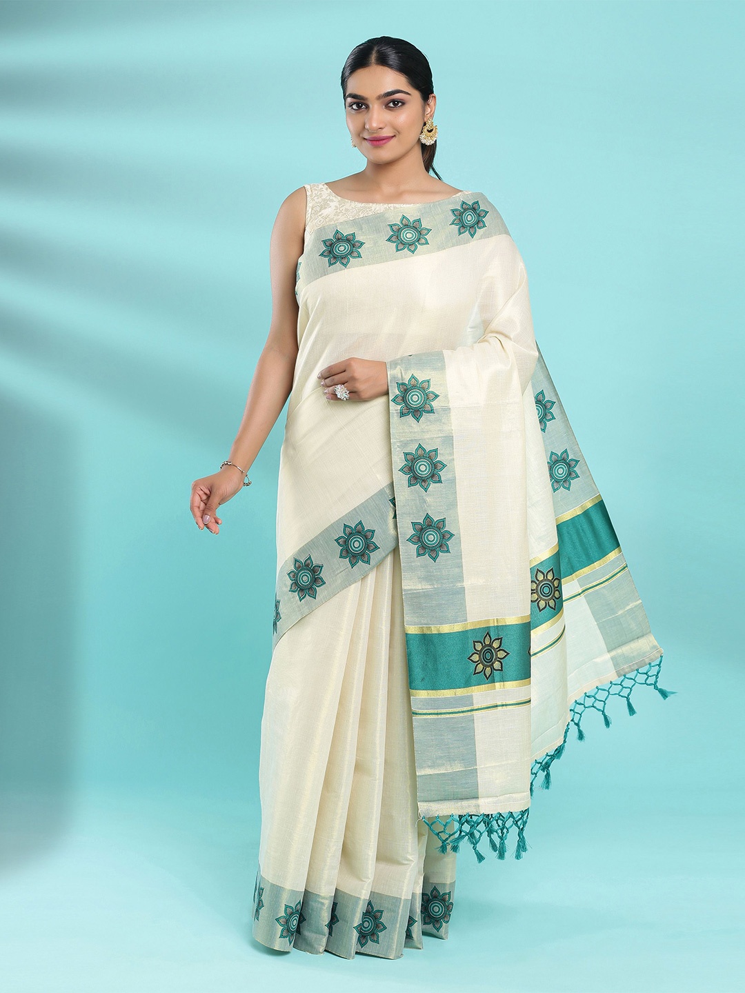 

Kalyan Silks Floral Tissue Kasavu Saree, Cream