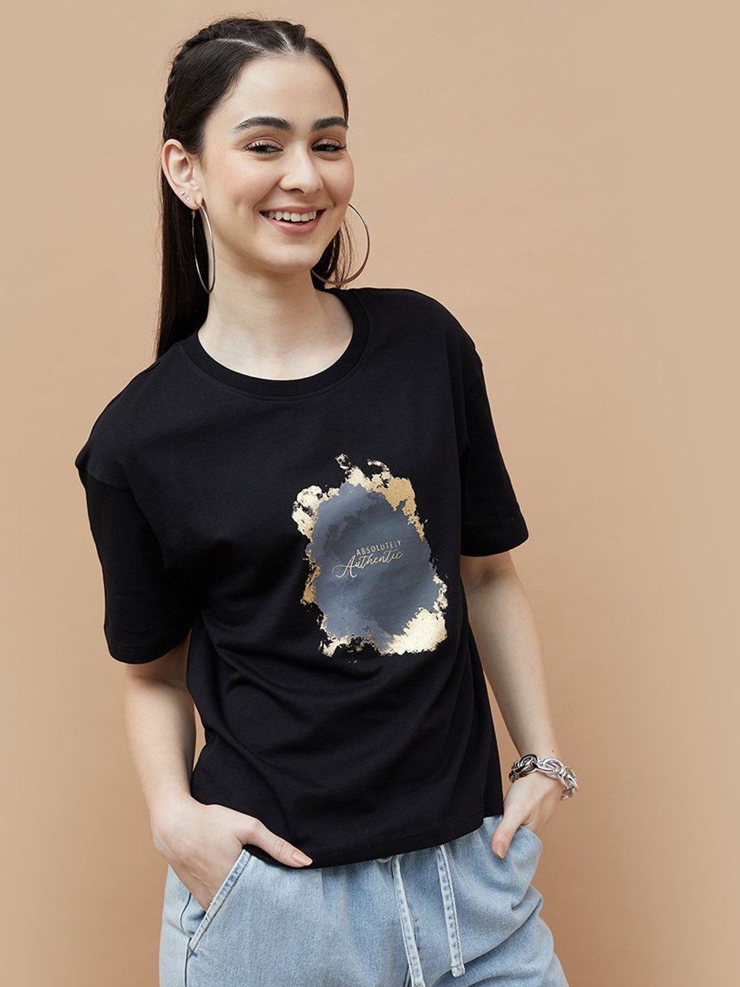 

Fame Forever by Lifestyle Women Abstract Printed Cotton Casual T-shirt, Black