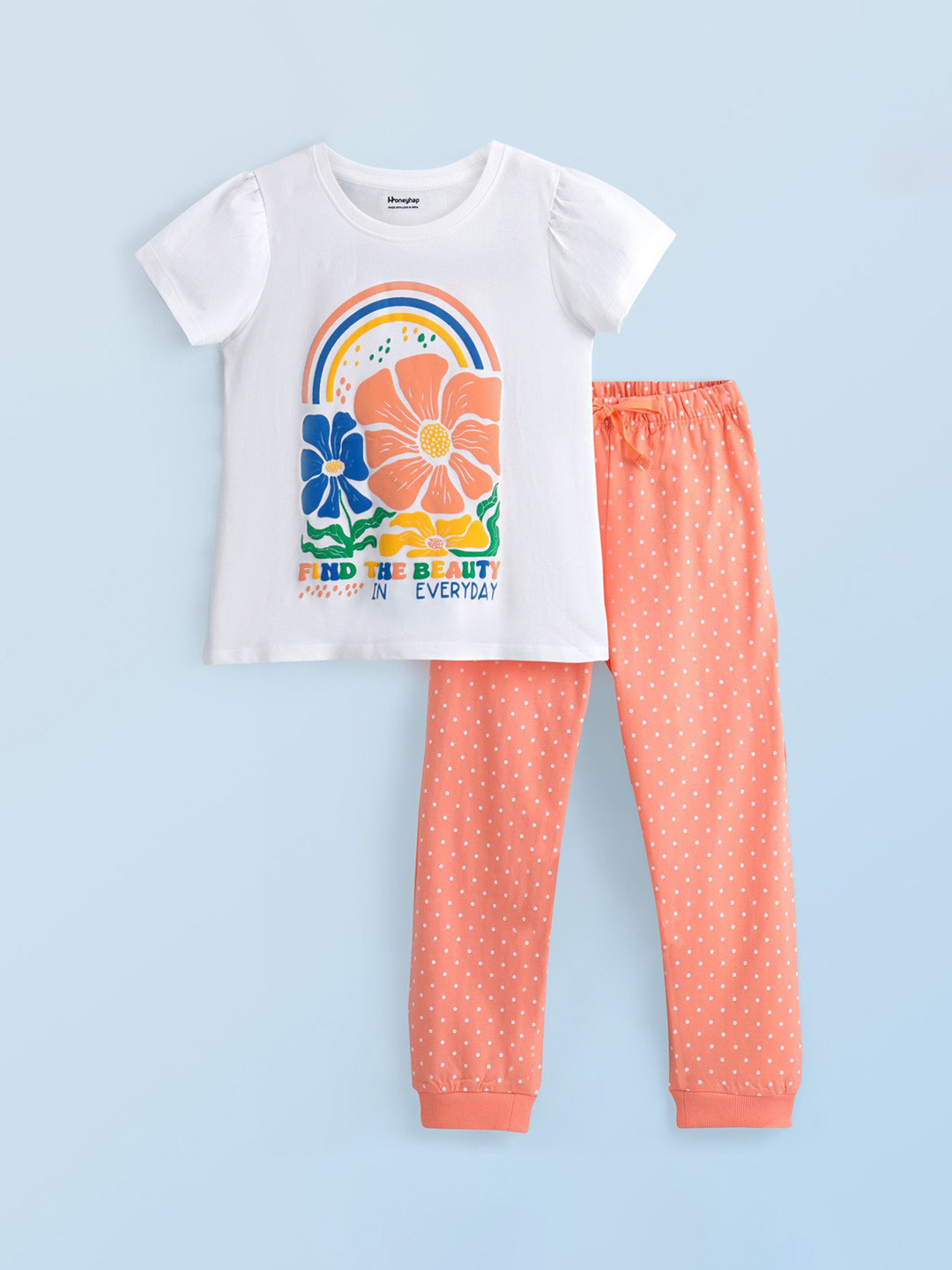 

Honeyhap Girls Printed Pure Cotton Night suit, White