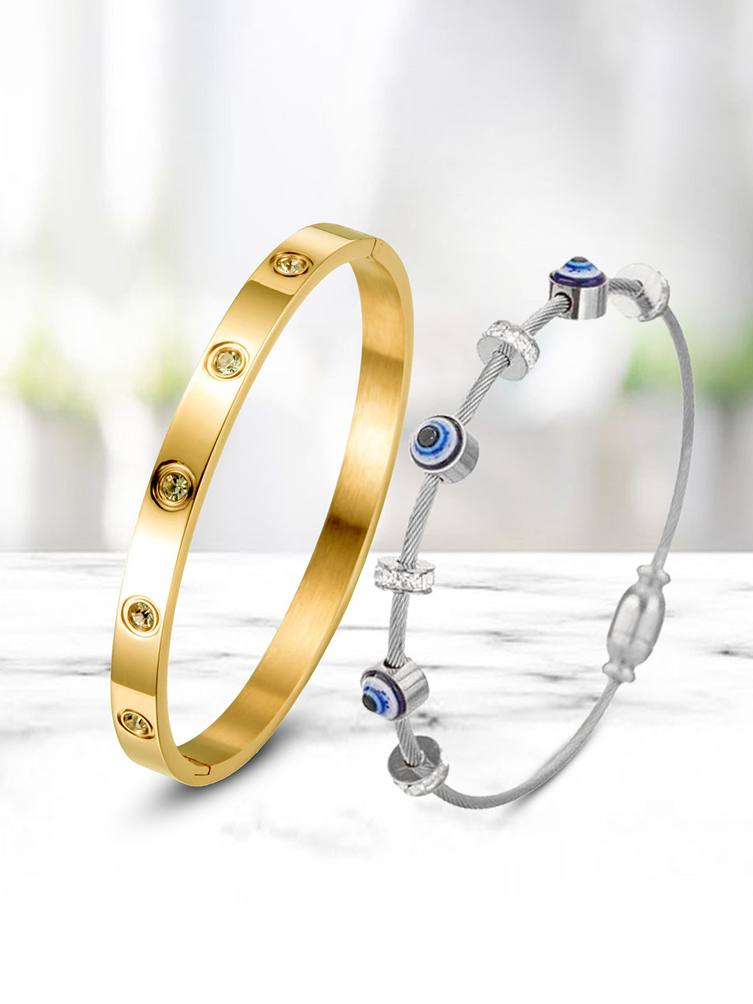 

DIVASTRI Set Of 2 Stainless Steel Gold-Plated American Diamond Studded Kada Bracelets