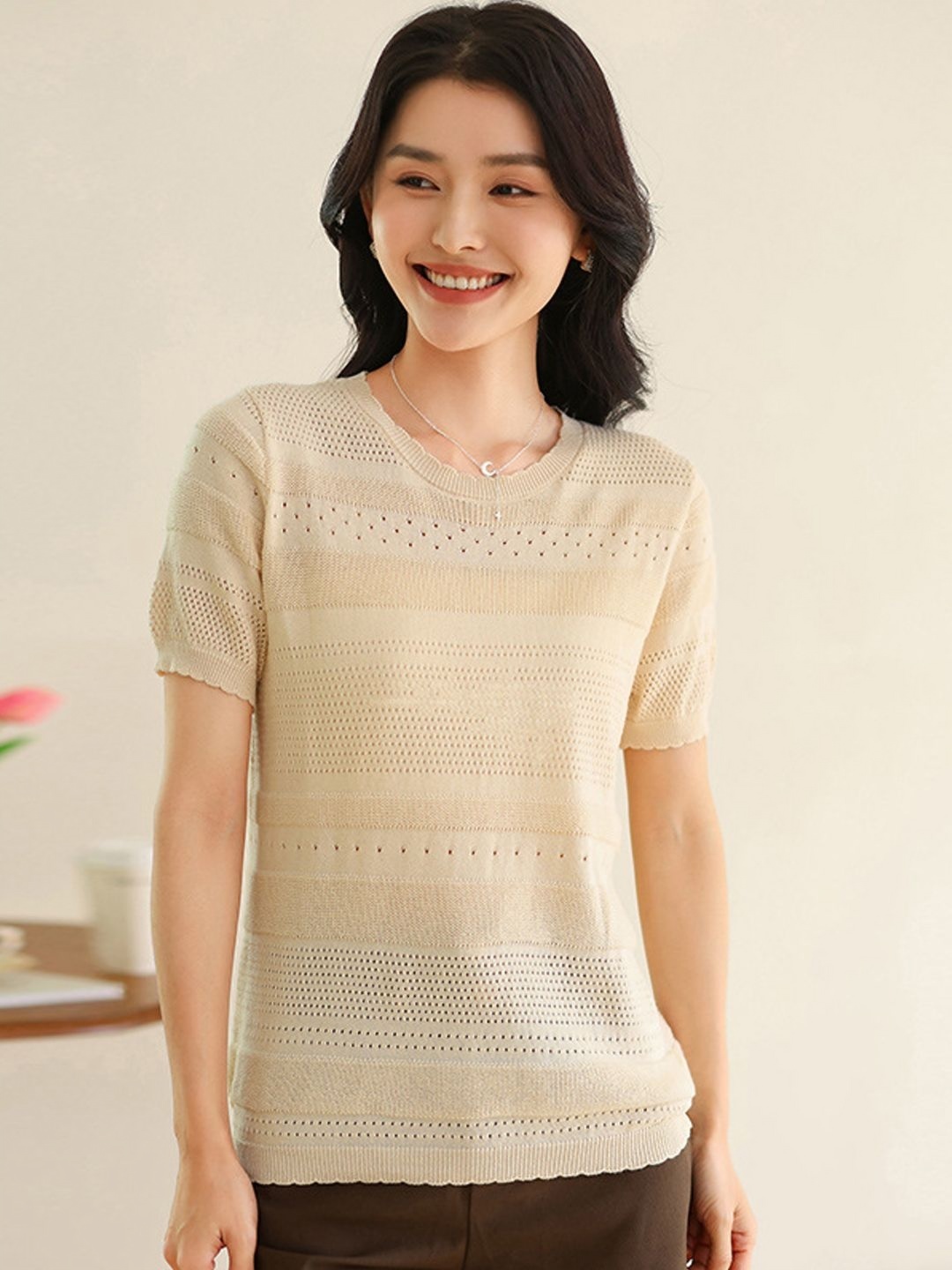 

StyleCast Women Self Design T-shirt, Beige
